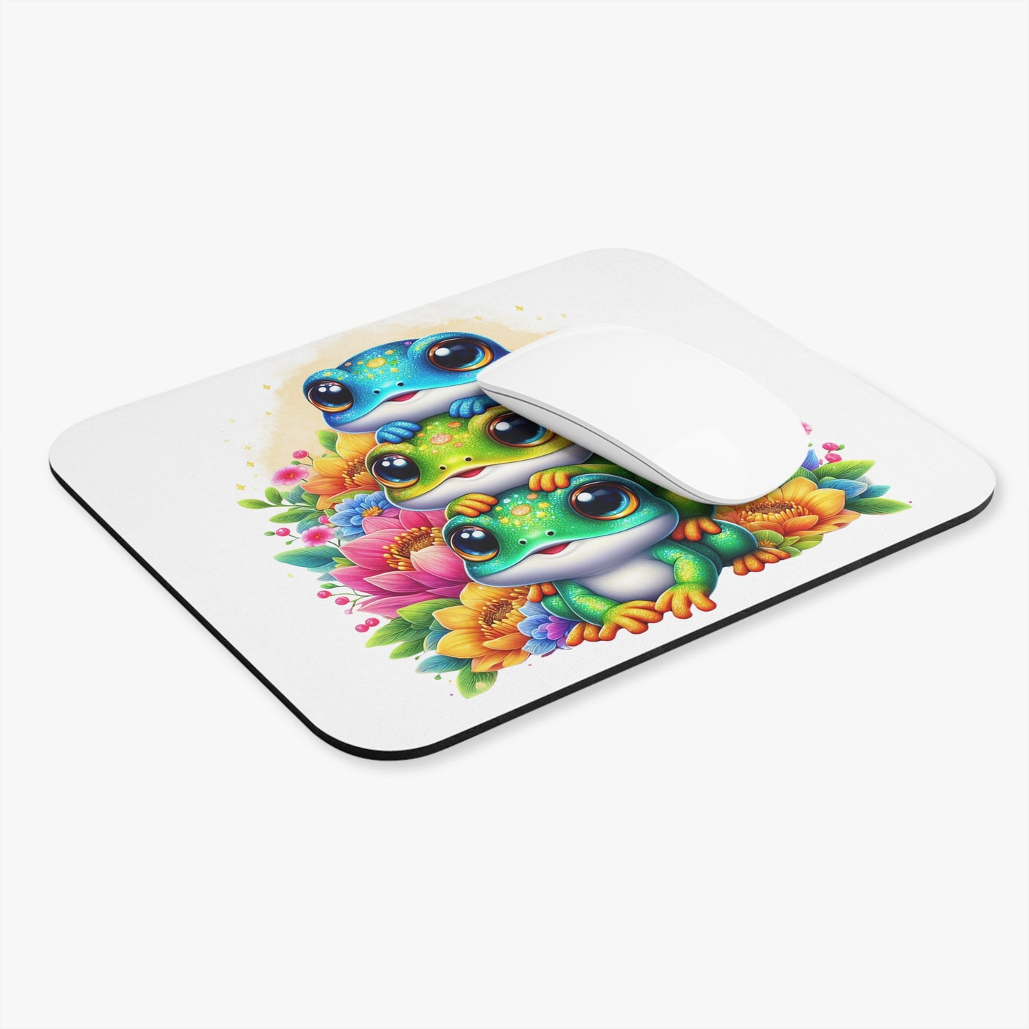 🖱️🐸 Stacked Frogs Mouse Pad – Colorful Kawaii Floral Desk Art