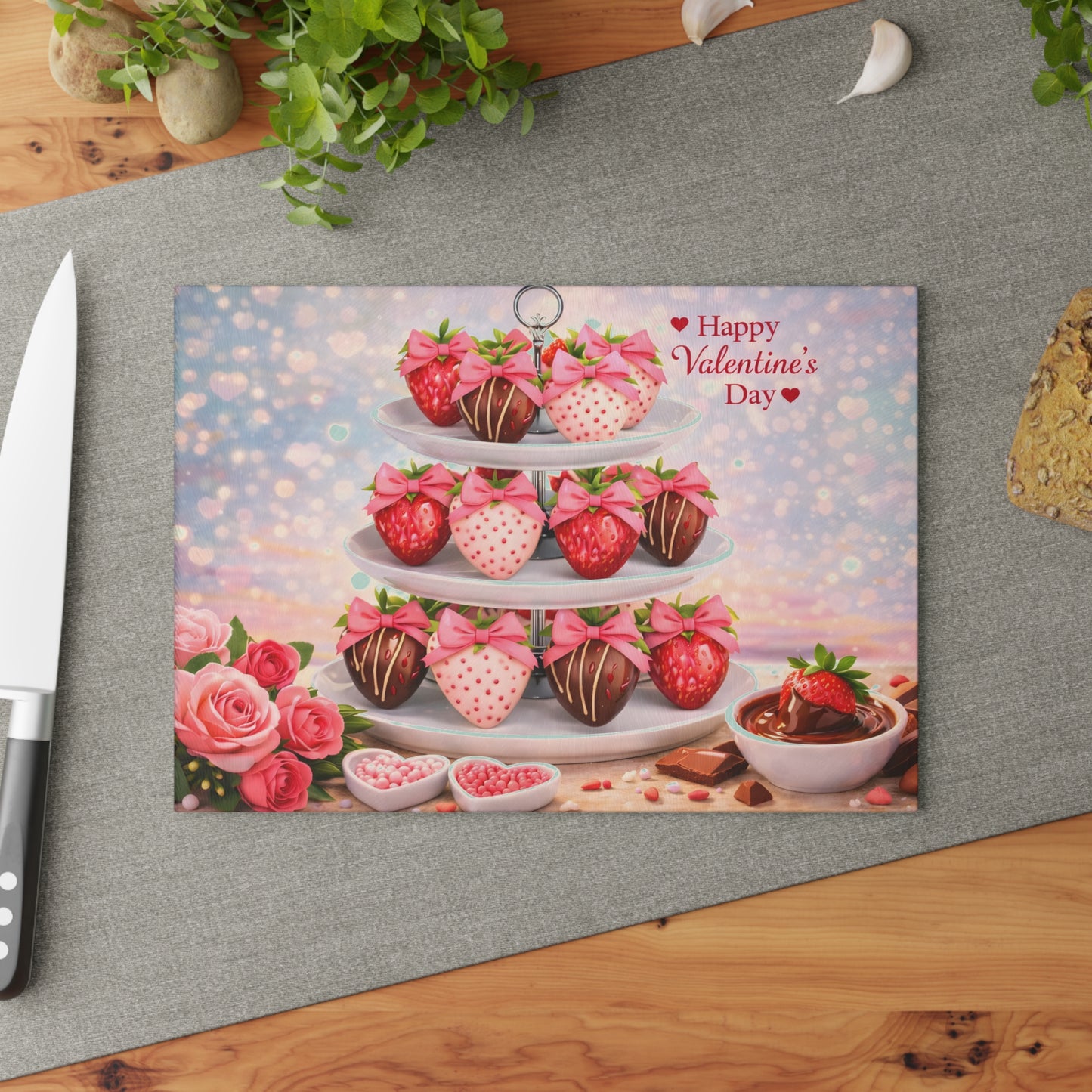 Chocolate-Covered Strawberry Valentine Glass Cutting Board – Romantic Dessert Display & Kitchen Accent