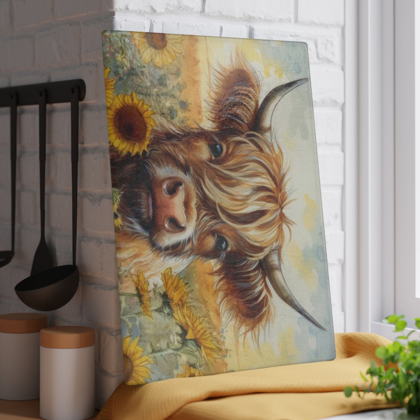 Tabla de cortar de vidrio templado con diseño de vaca de las Tierras Altas, tabla de cortar con diseño de girasol, decoración rústica de granja, regalo para amantes de las vacas, tabla de charcutería, regalos para vacas