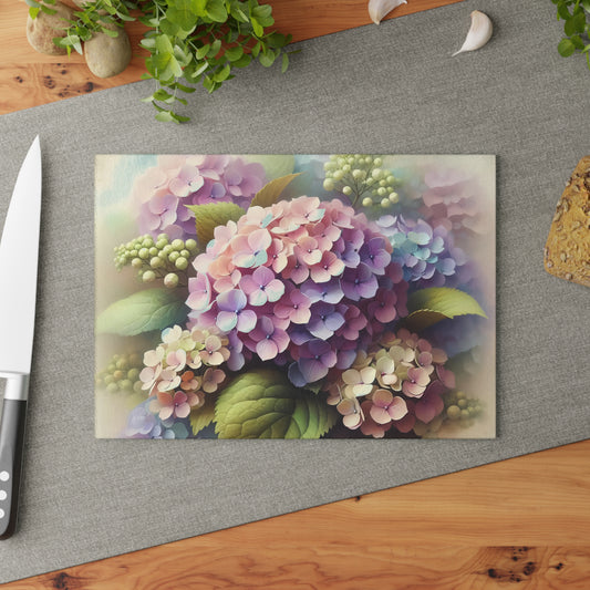 Tabla de cortar de vidrio templado con flores de hortensia: elegante decoración floral para la cocina, regalo único, tabla de cortar de vidrio, tabla para charcutería, tabla de cortar personalizada, flores