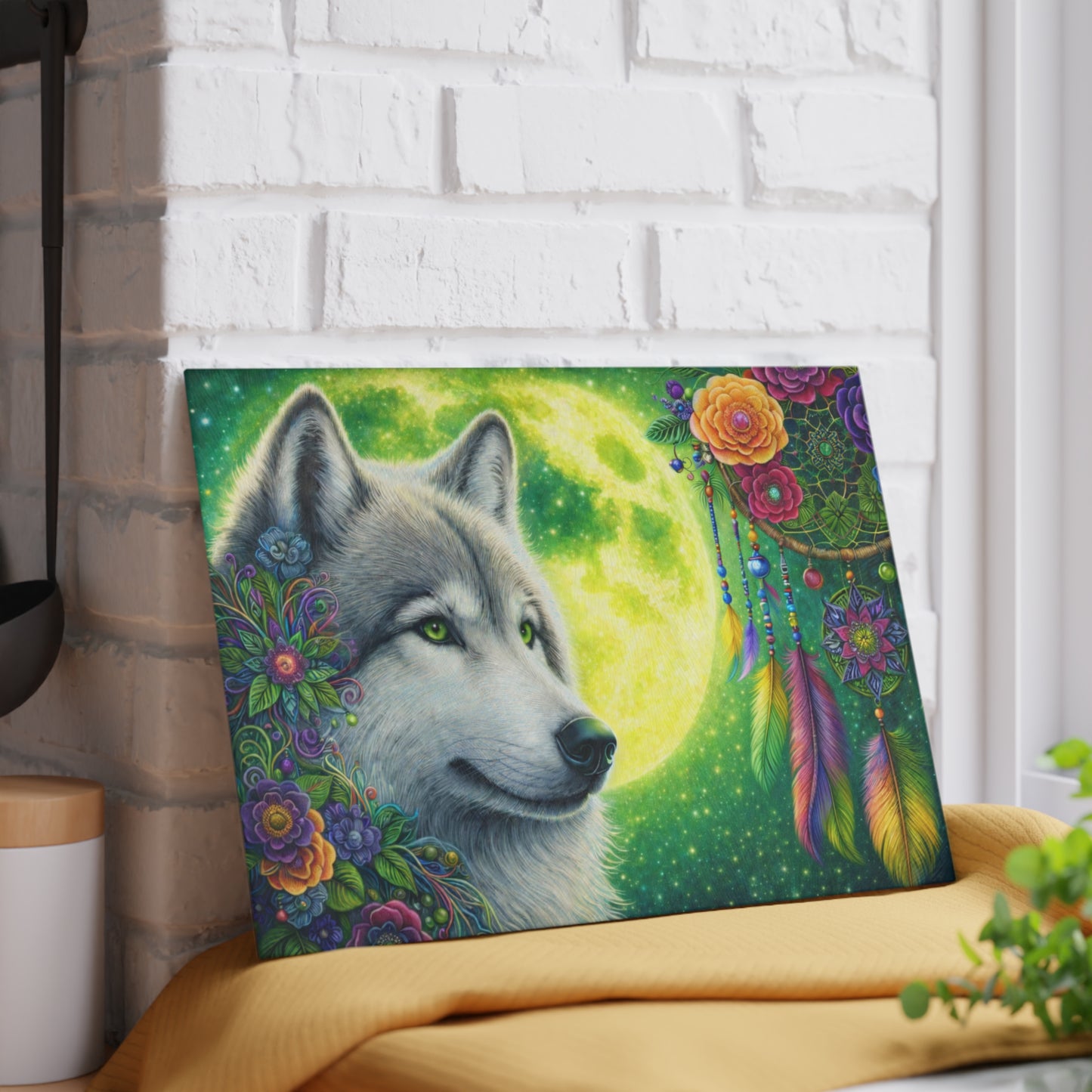 Moonlit Spirit Wolf Glass Cutting Board – Colorful Dreamcatcher Wildlife Kitchen Art