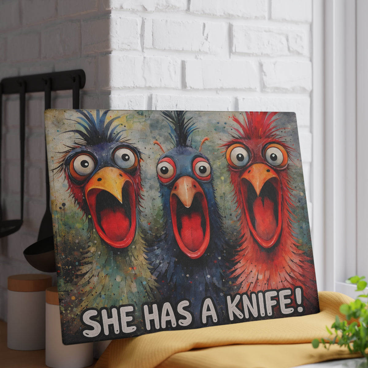 She Has a Knife Glass Cutting Board – Funny Chicken Kitchen Art with Bold Farm Humor