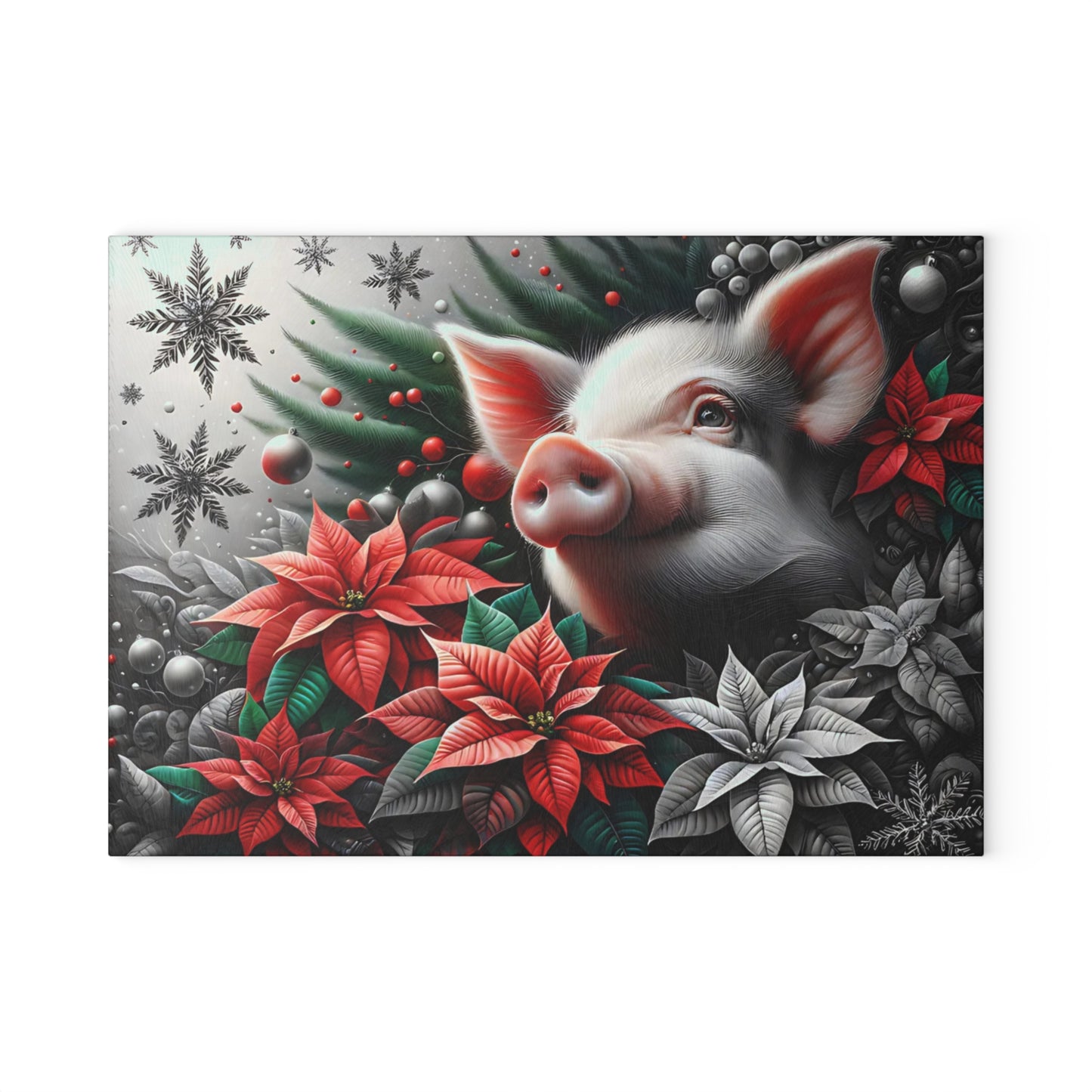 🐷✨ “Holiday Poinsettia Pig” Glass Cutting Board – Festive Farmhouse Cheer for Your Kitchen