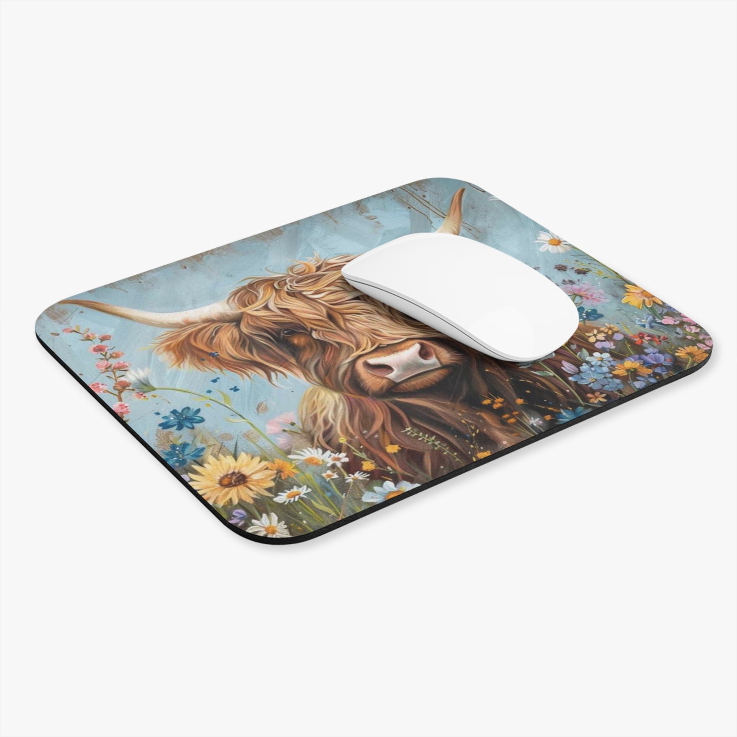 🖱️🐮 Highland Cow & Wildflowers Mouse Pad – Rustic Boho Desk Art