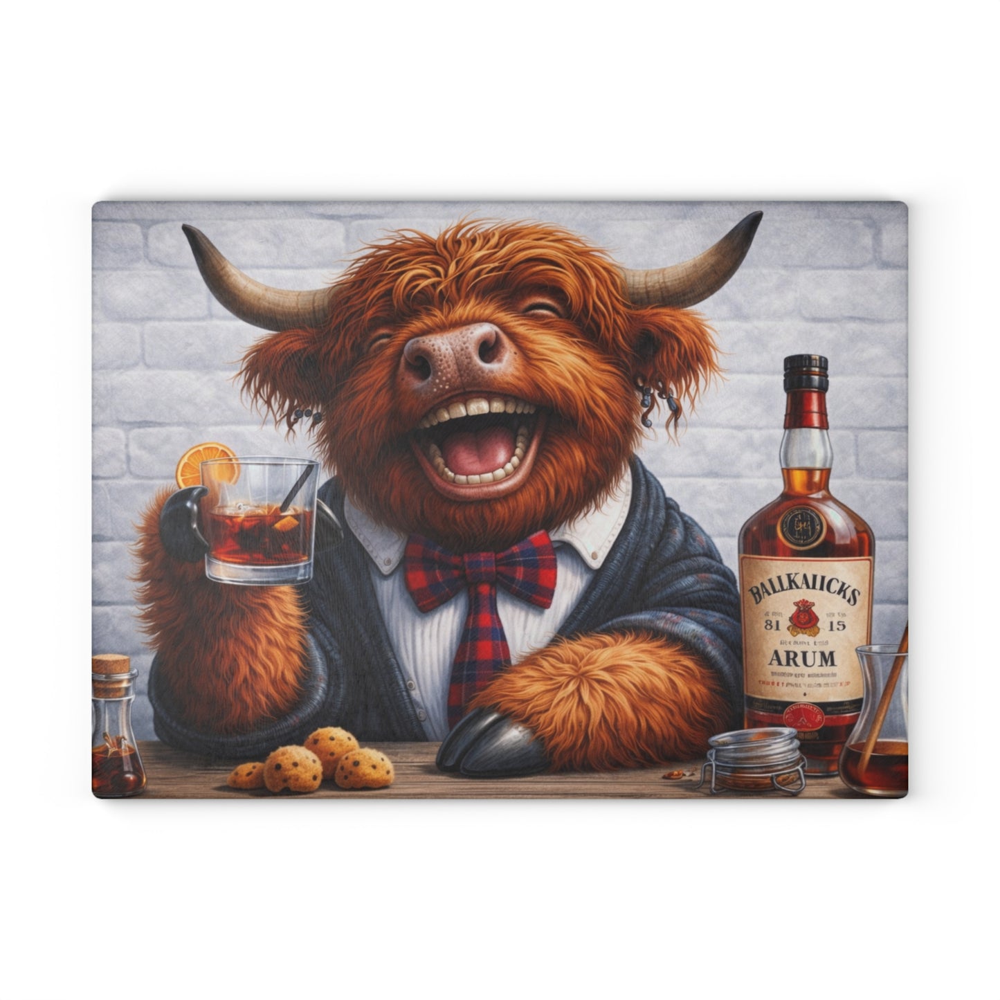 Smiling Highland Cow Whiskey Glass Cutting Board – Playful Farm Bar Art with Rustic Humor