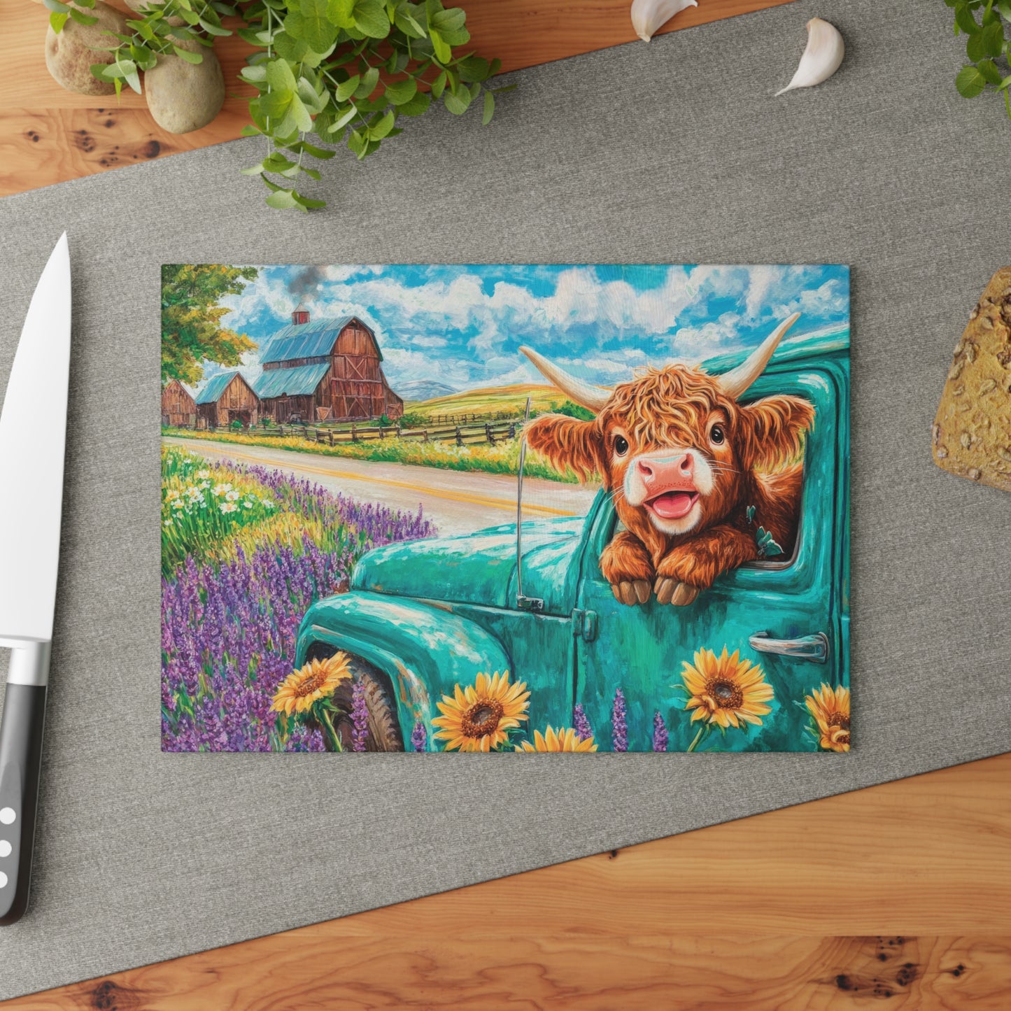 🚜🌻 Baby Highland Cow in Old Truck Glass Cutting Board – Rustic Farm Charm with Sunflowers & Barn 🌼