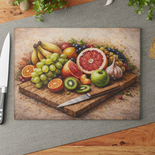 Rustic Fruit Harvest Glass Cutting Board – Vintage Farmhouse Kitchen Art