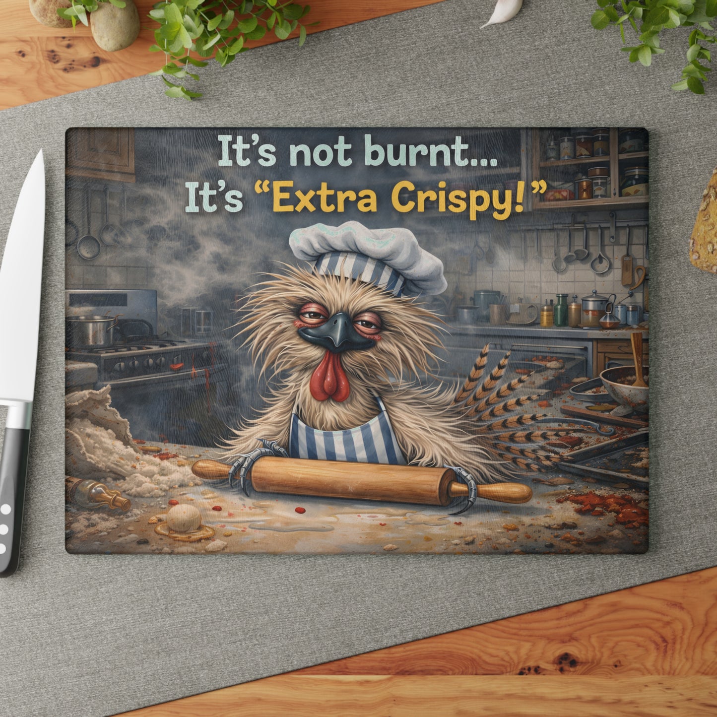 Extra Crispy Kitchen Humor Glass Cutting Board – Playful Baking Chicken Art Decor