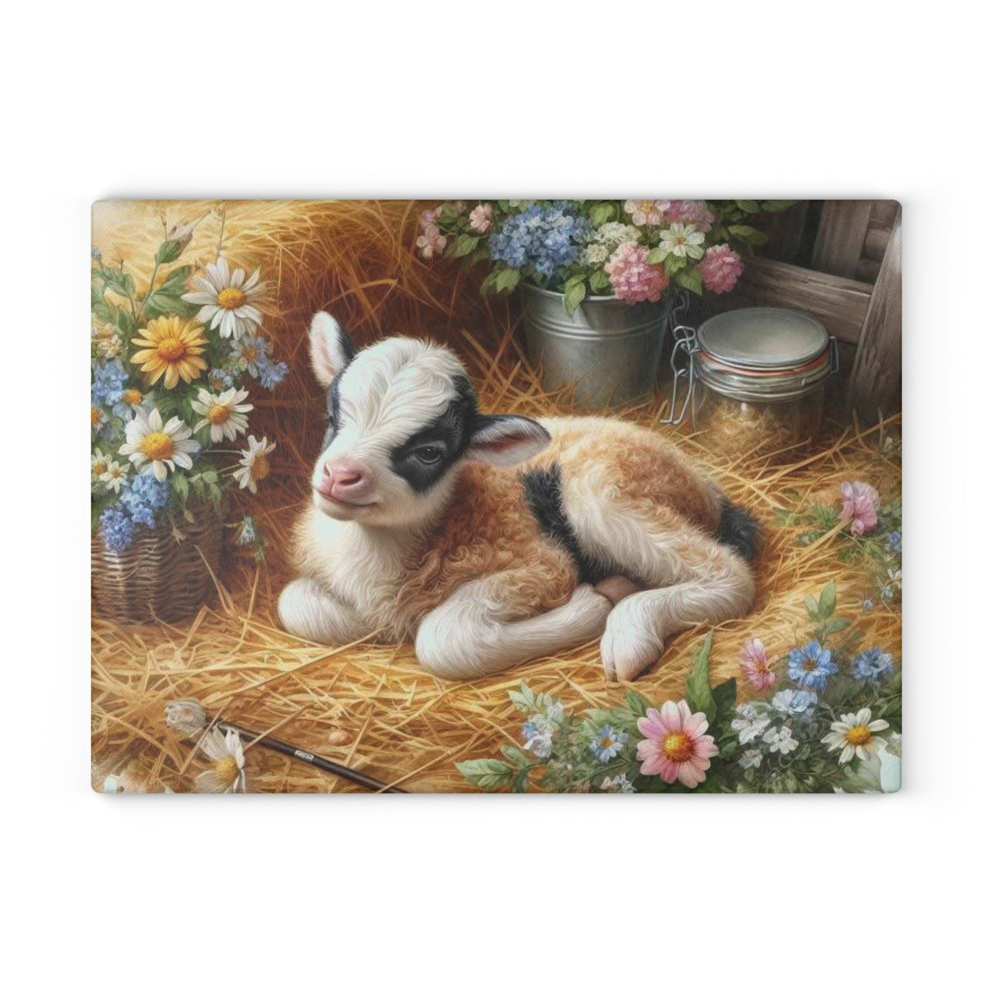 🐐🌸 Baby Goat in the Hayloft Glass Cutting Board – Rustic Farm Charm for Your Kitchen 🌾