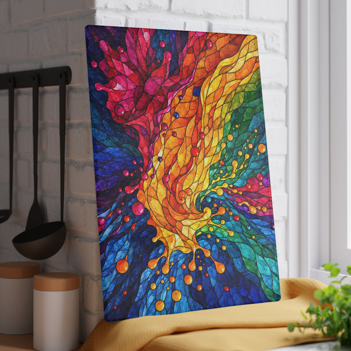 Rainbow Swirl Stained-Glass-Look Glass Cutting Board – Colorful Abstract Kitchen Decor