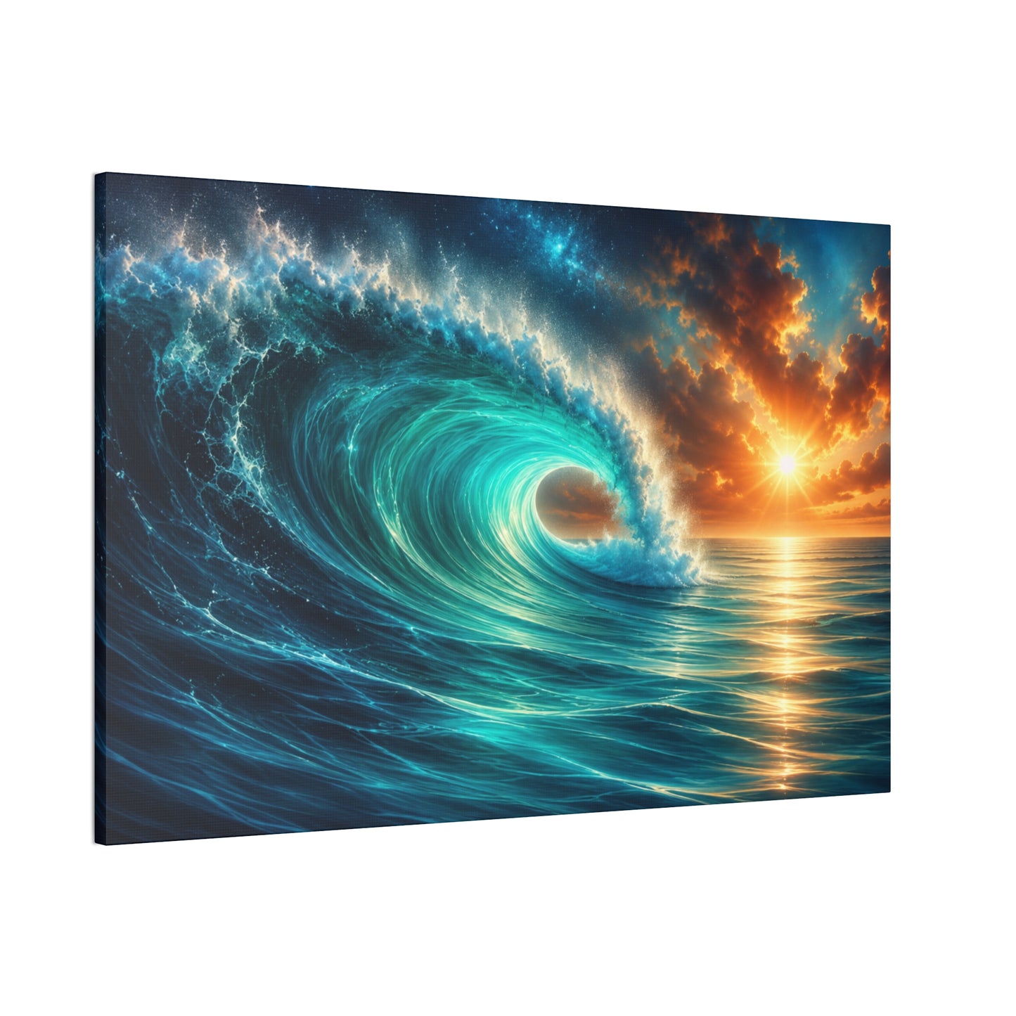 Ocean Wave Sunset Stretched Canvas Wall Art – Coastal Ocean Canvas – 36 × 24 Inches