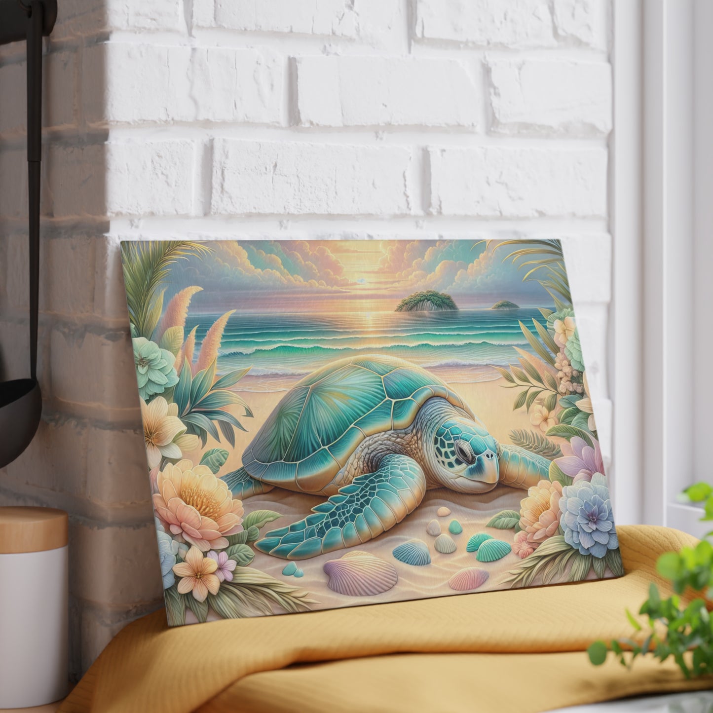 Peaceful Ocean Escape Sea Turtle Glass Cutting Board – Floral Beach Serenity Artwork