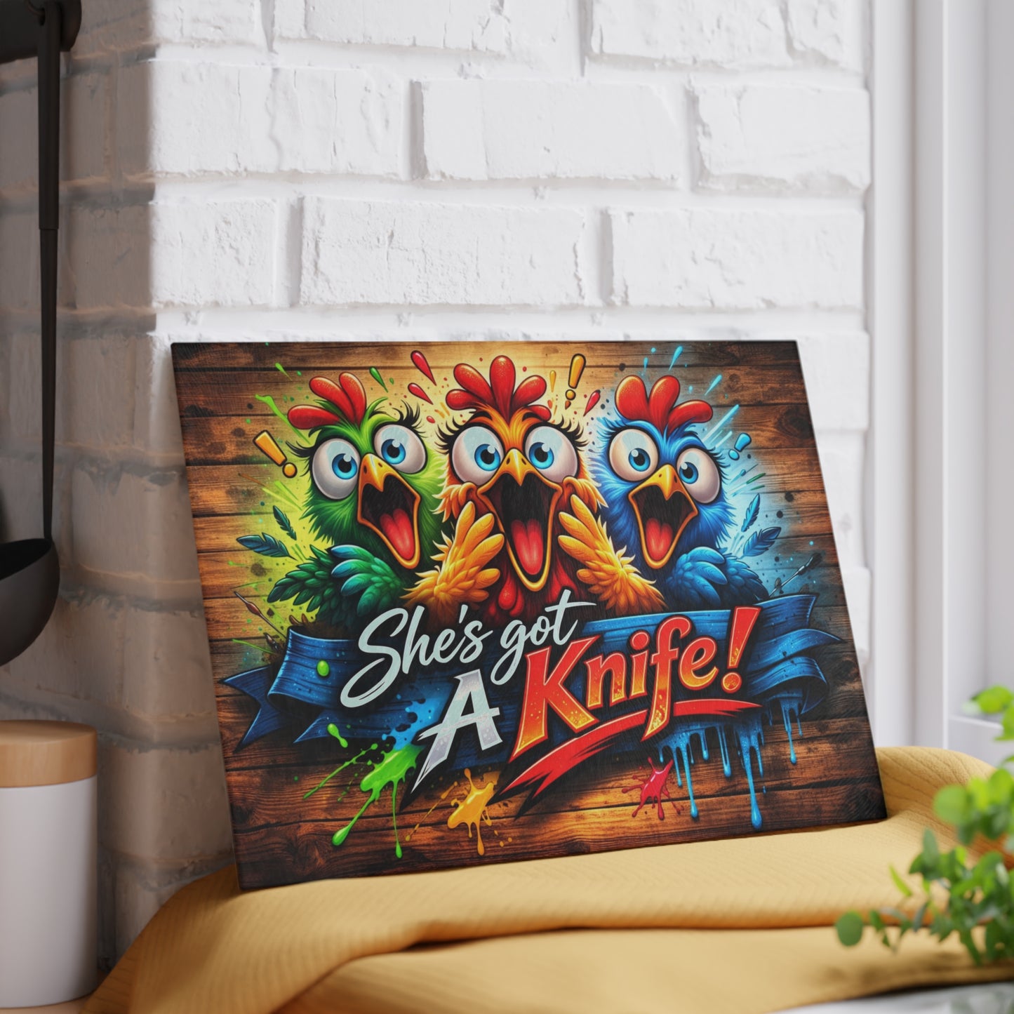 She’s Got a Knife! Glass Cutting Board – Hilarious Chicken Cartoon Kitchen Humor