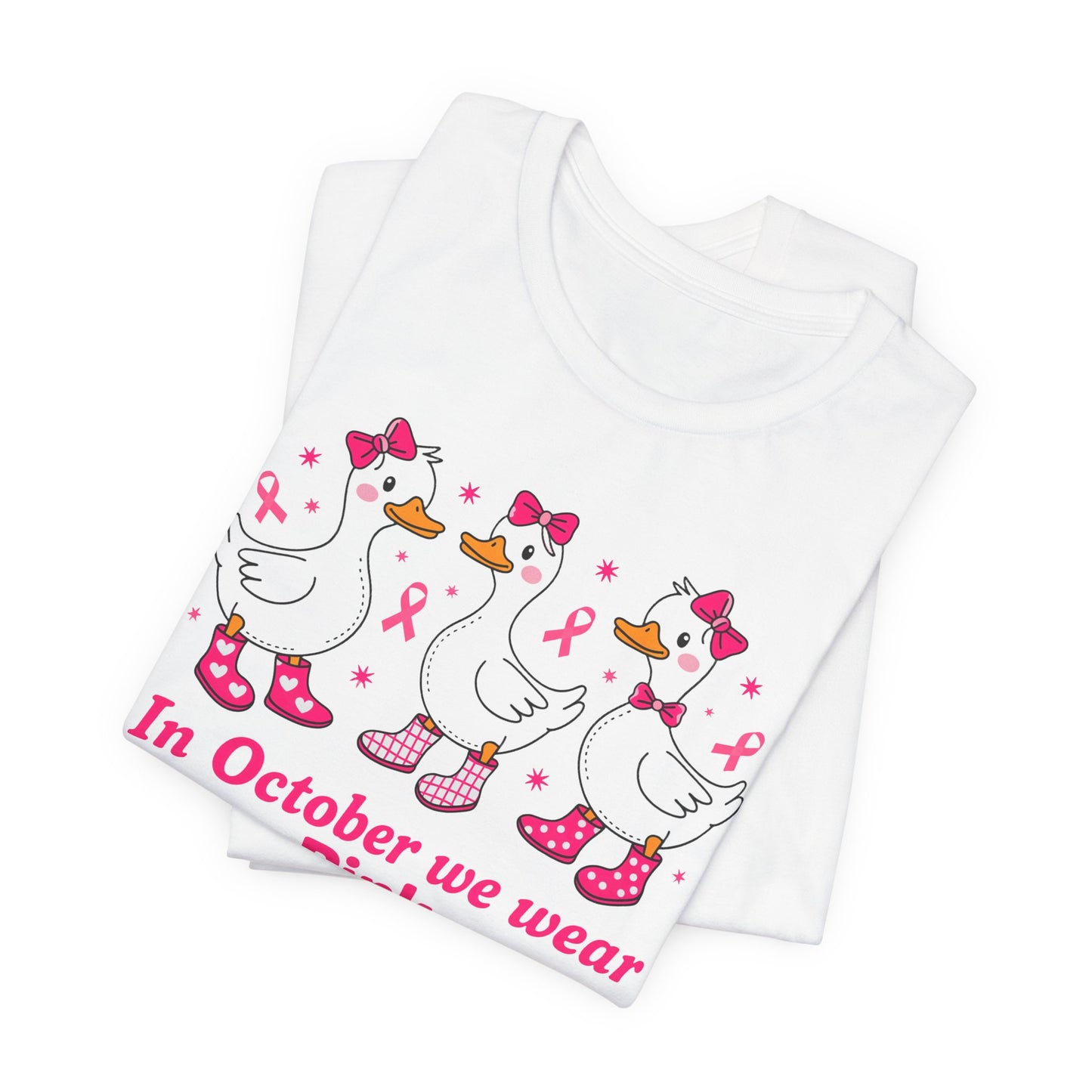 🎀🦆 In October We Wear Pink Duck Boots T-Shirt – Breast Cancer Awareness Tee 💕✨