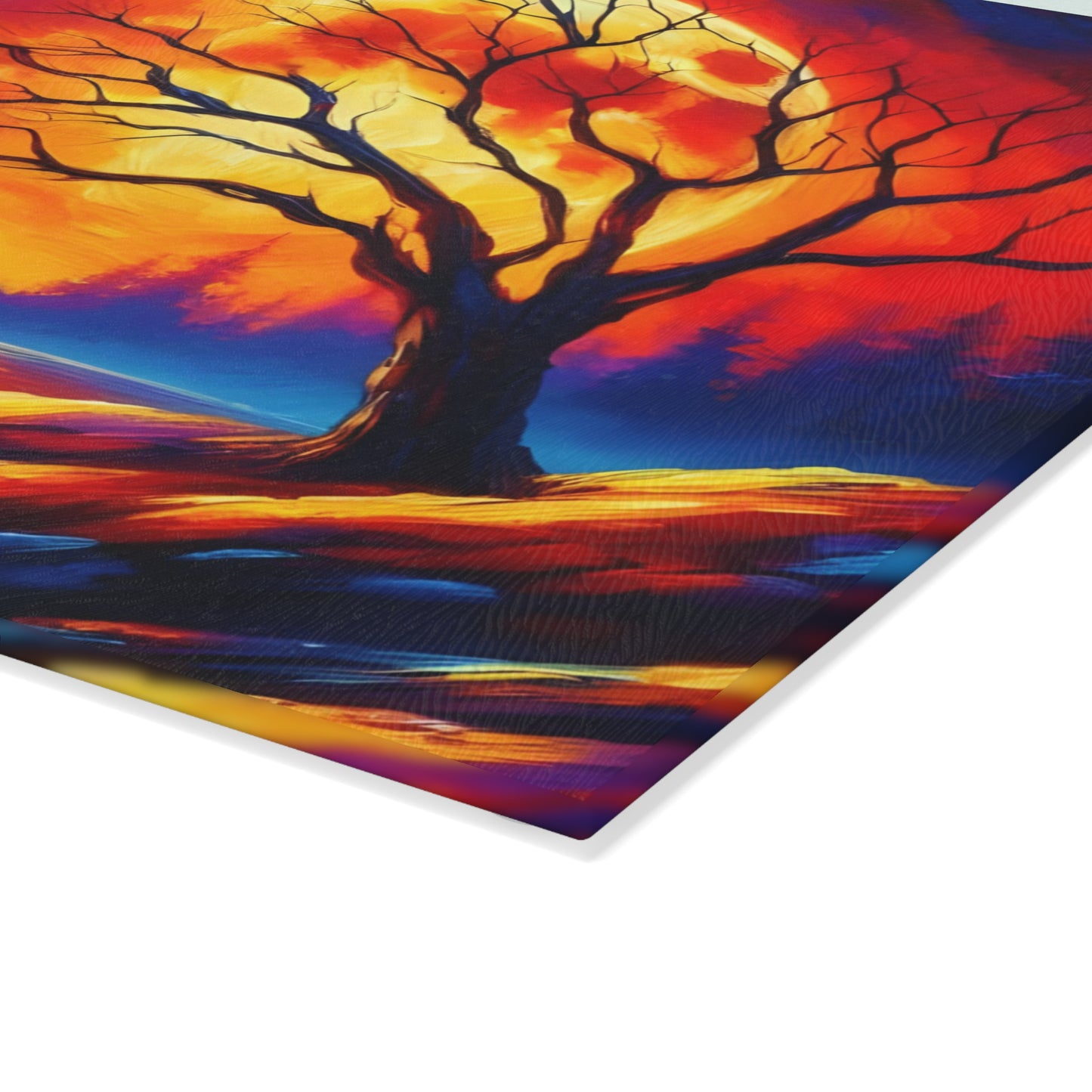 🌅🔥 Fiery Sunset Reflection Cutting Board – Vibrant Tree Silhouette Art 🔥🌅