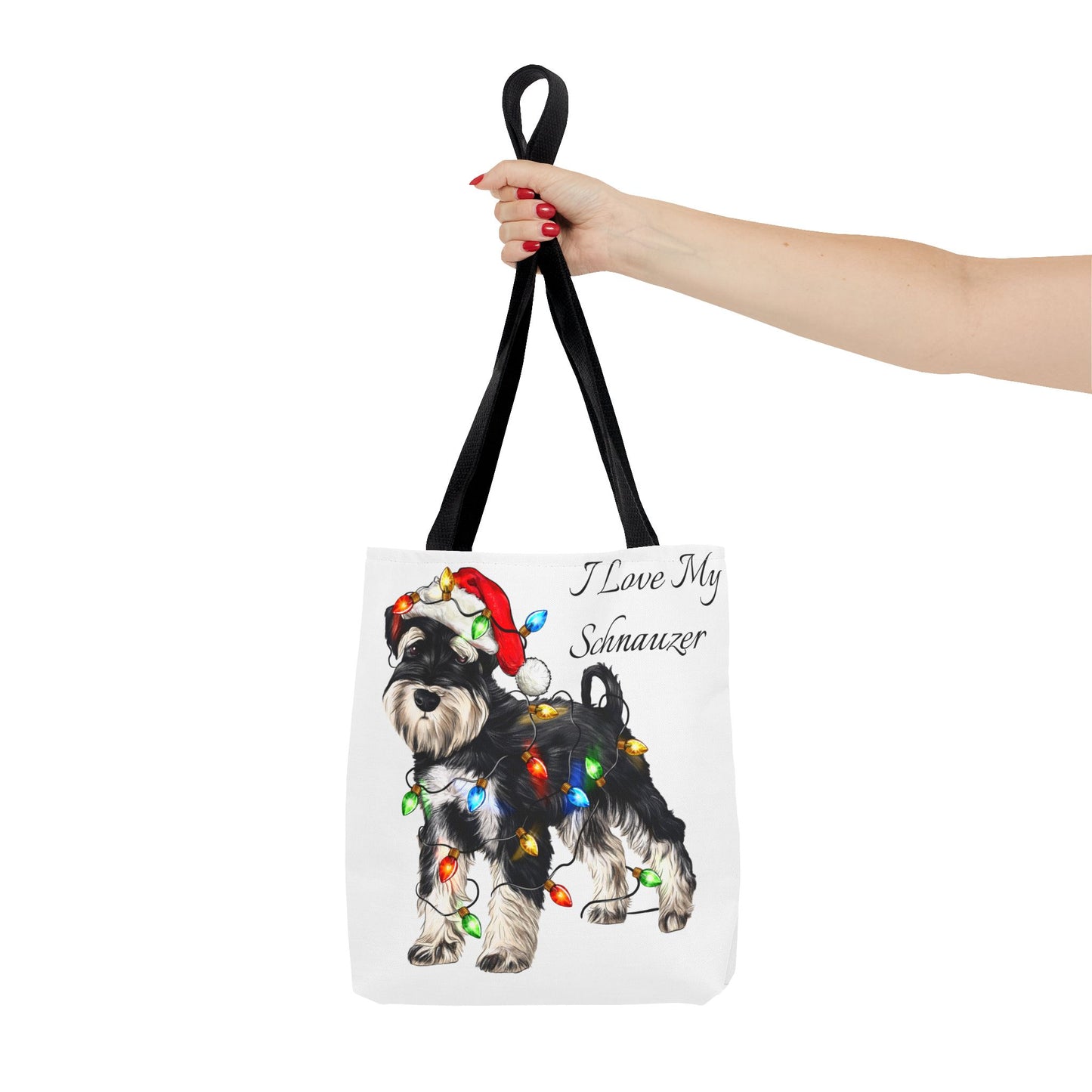 🎄 I Love My Schnauzer Tote Bag – Christmas Lights & Holiday Woofs 🐾