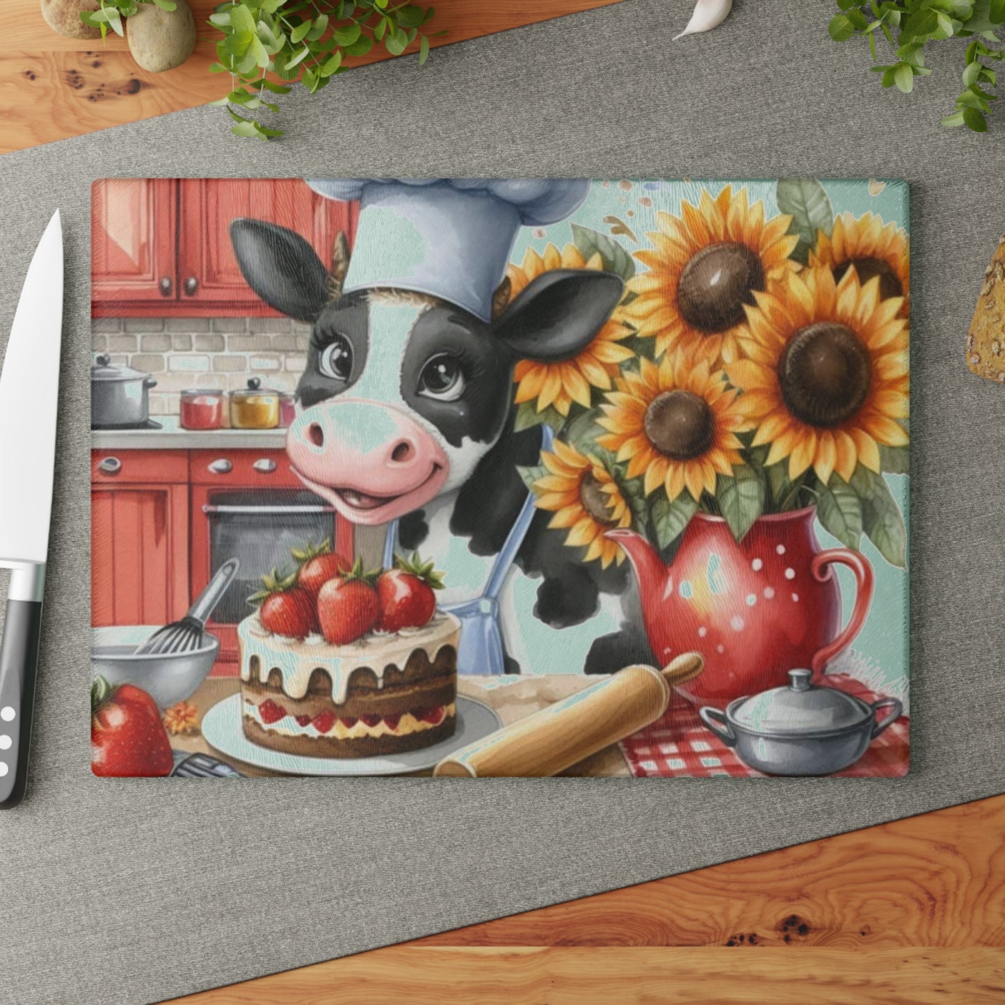 🐄 Baking Cow with Strawberries & Sunflowers Cutting Board – Whimsical Farmhouse Kitchen Fun 🍓🌻