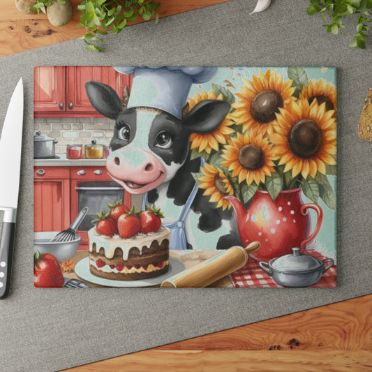 🐄 Baking Cow with Strawberries & Sunflowers Cutting Board – Whimsical Farmhouse Kitchen Fun 🍓🌻