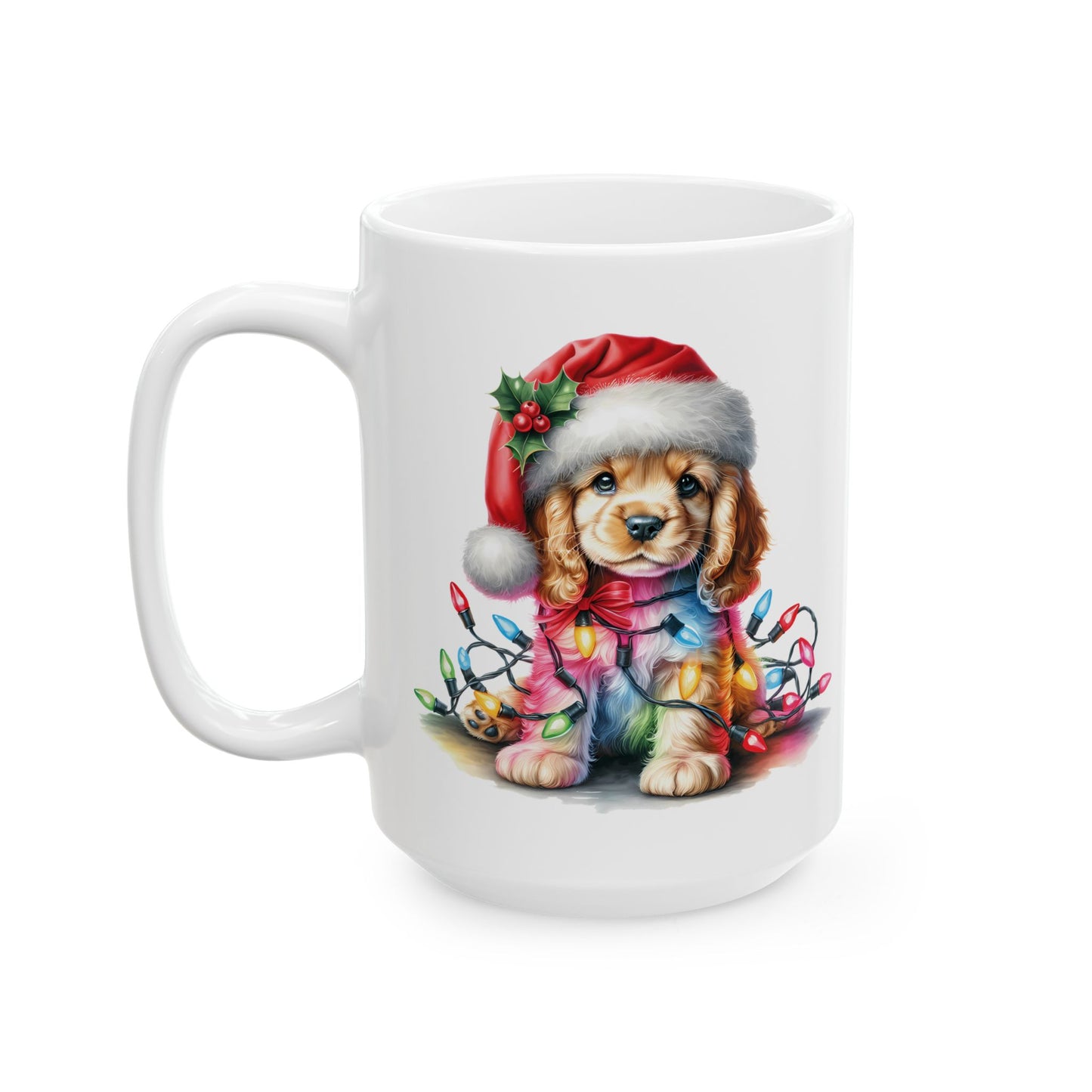 🎁 Cocker Spaniel Christmas Lights Mug – Sweet Holiday Cheer with a Bow 🎄🐶