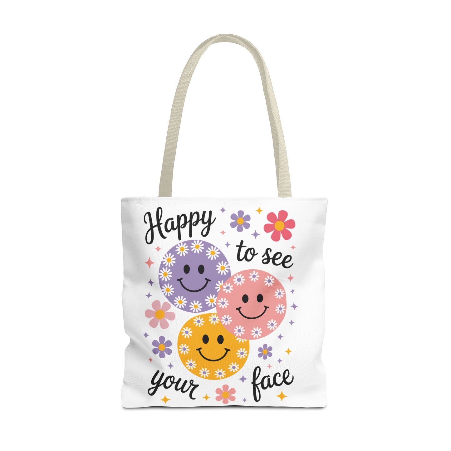 🌼 Happy Face Daisy Tote Bag – Retro Smiles with Floral Charm 🌸
