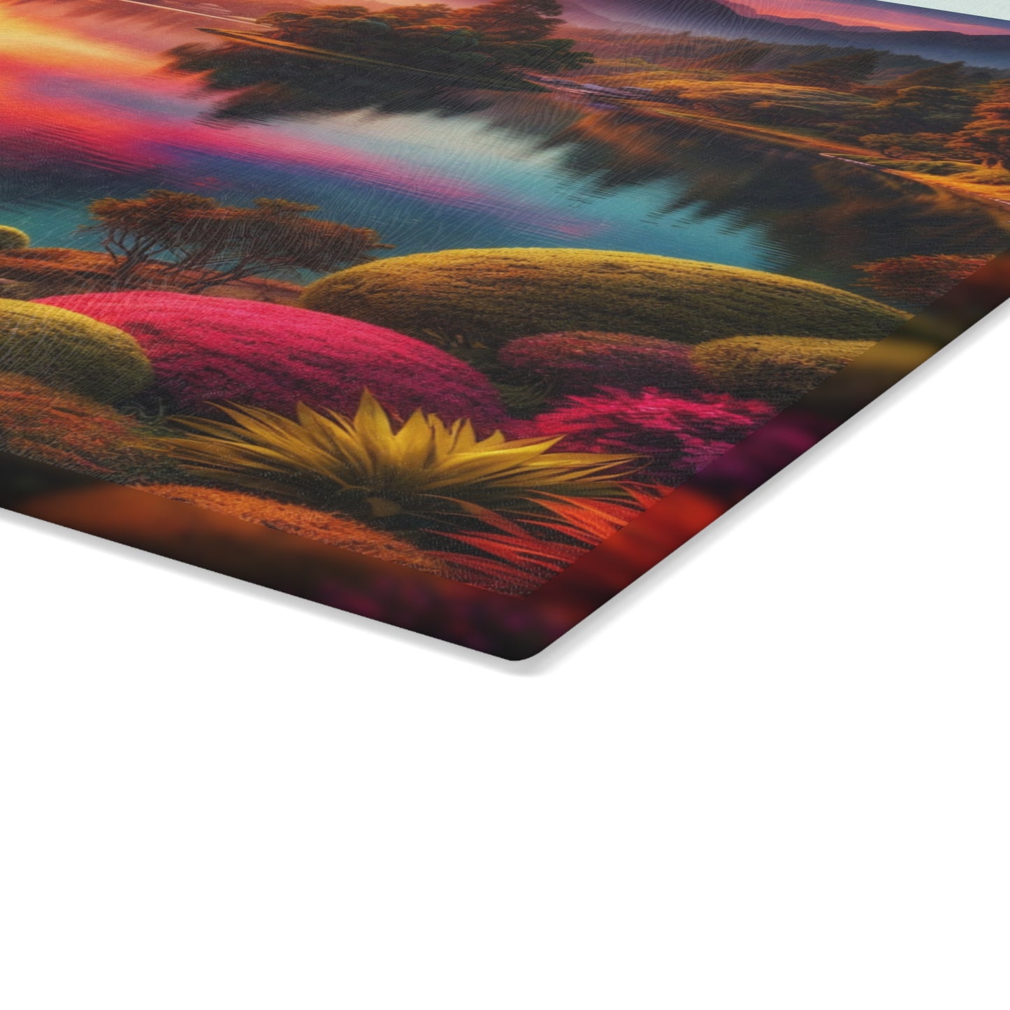 Sunset Garden Lake Glass Cutting Board – Vibrant Nature Landscape Kitchen Art
