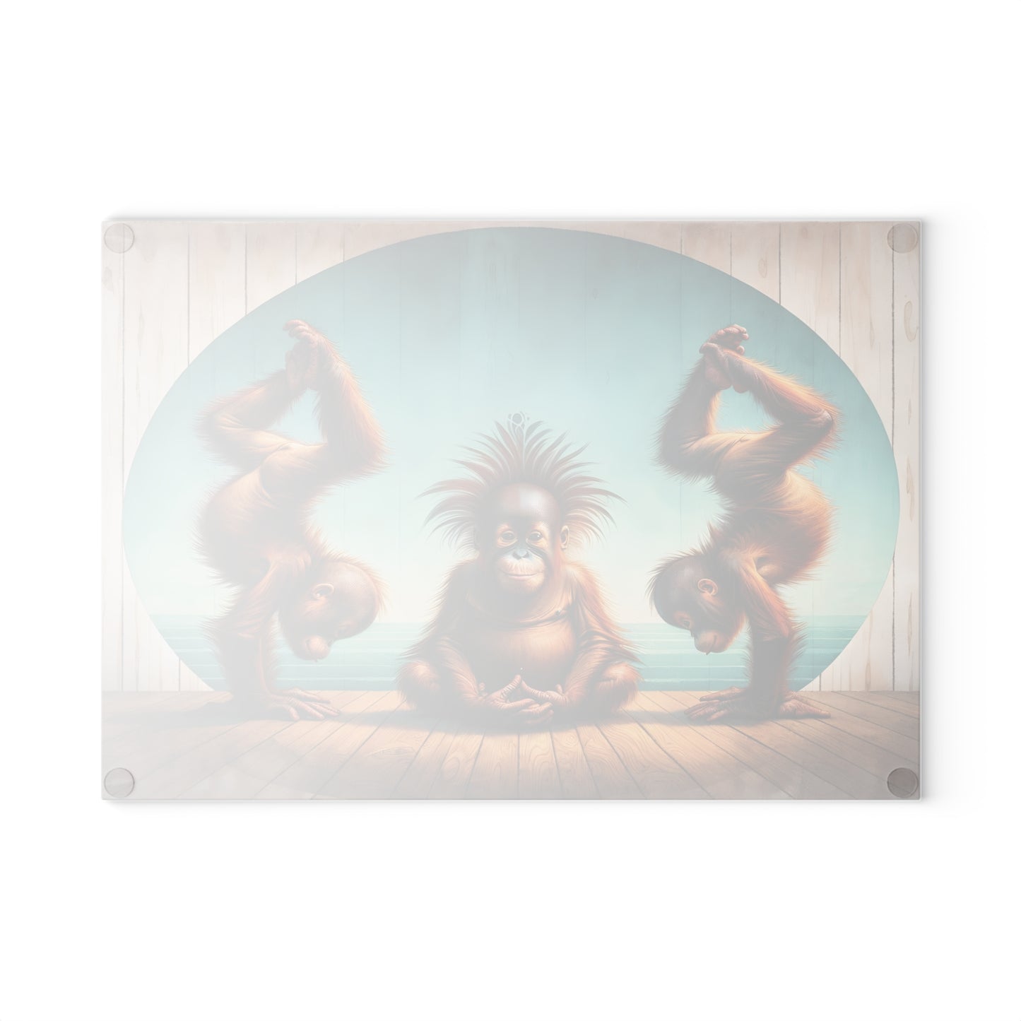 Playful Orangutan Yoga Glass Cutting Board – Whimsical Animal Art Kitchen Display