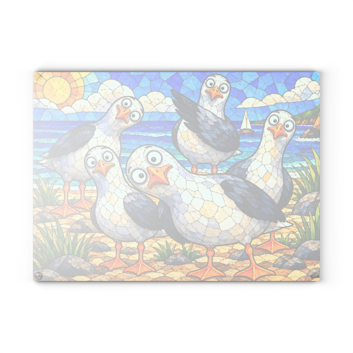 Funny Seagulls Stained-Glass-Inspired Glass Cutting Board – Coastal Beach Kitchen Decor