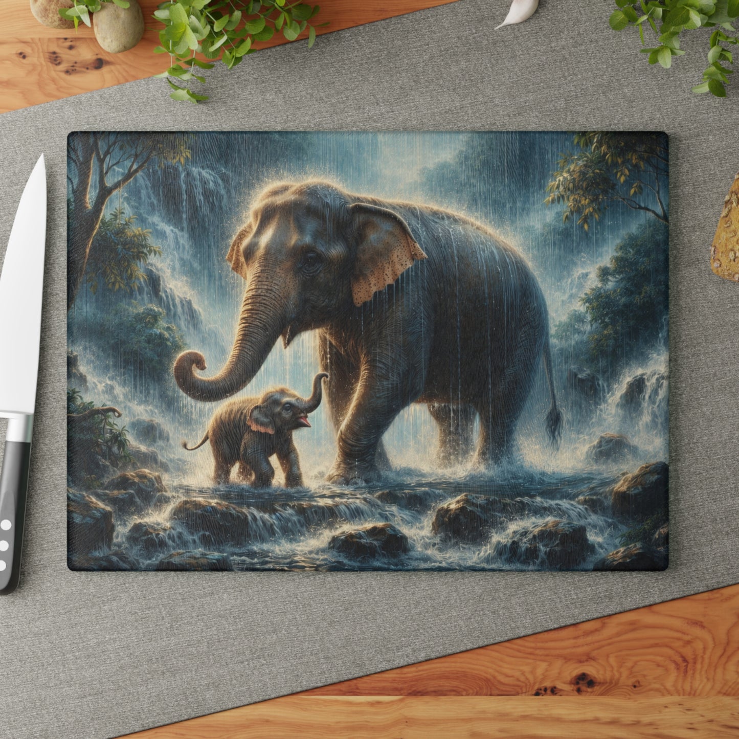 Elephant and Calf Rainforest Waterfall Glass Cutting Board – Dramatic Wildlife Kitchen Art