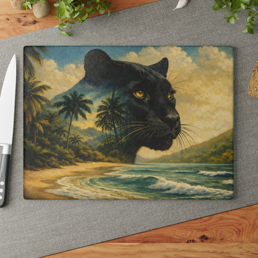 Black Panther Tropical Beach Glass Cutting Board – Exotic Wildlife Coastal Artwork
