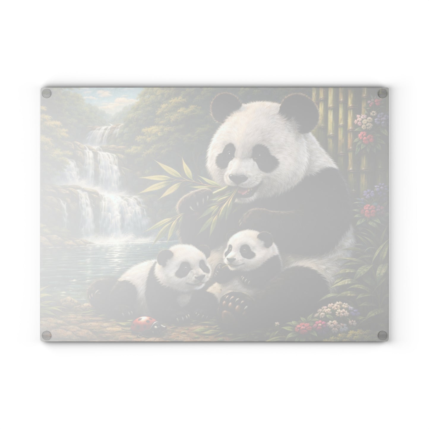 Panda Family by Waterfall Glass Cutting Board – Peaceful Bamboo Forest Wildlife Artwork
