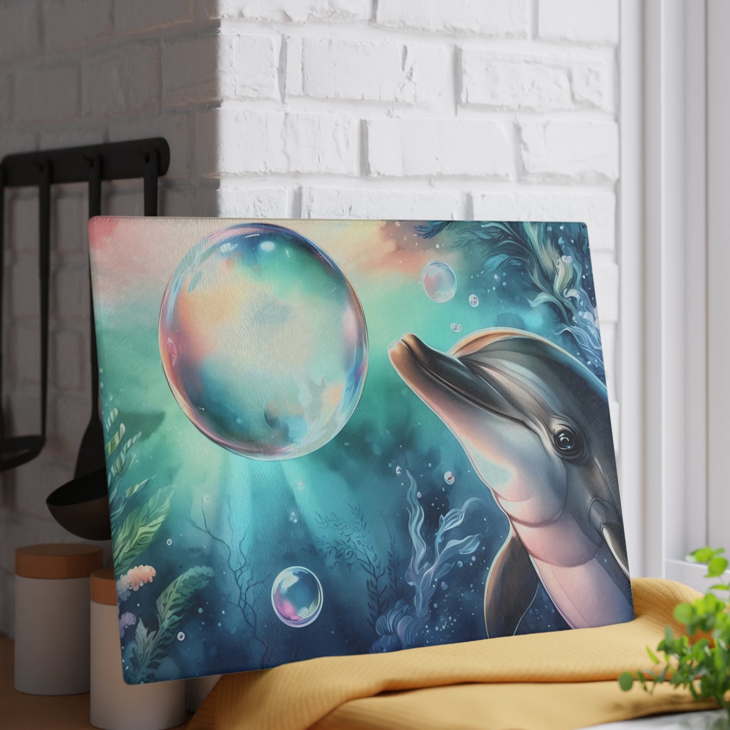 Tabla de cortar con diseño de delfín, vidrio templado con vibrantes escenas de delfines, regalo para chef, regalo para ella, regalo de boda o inauguración de la casa.