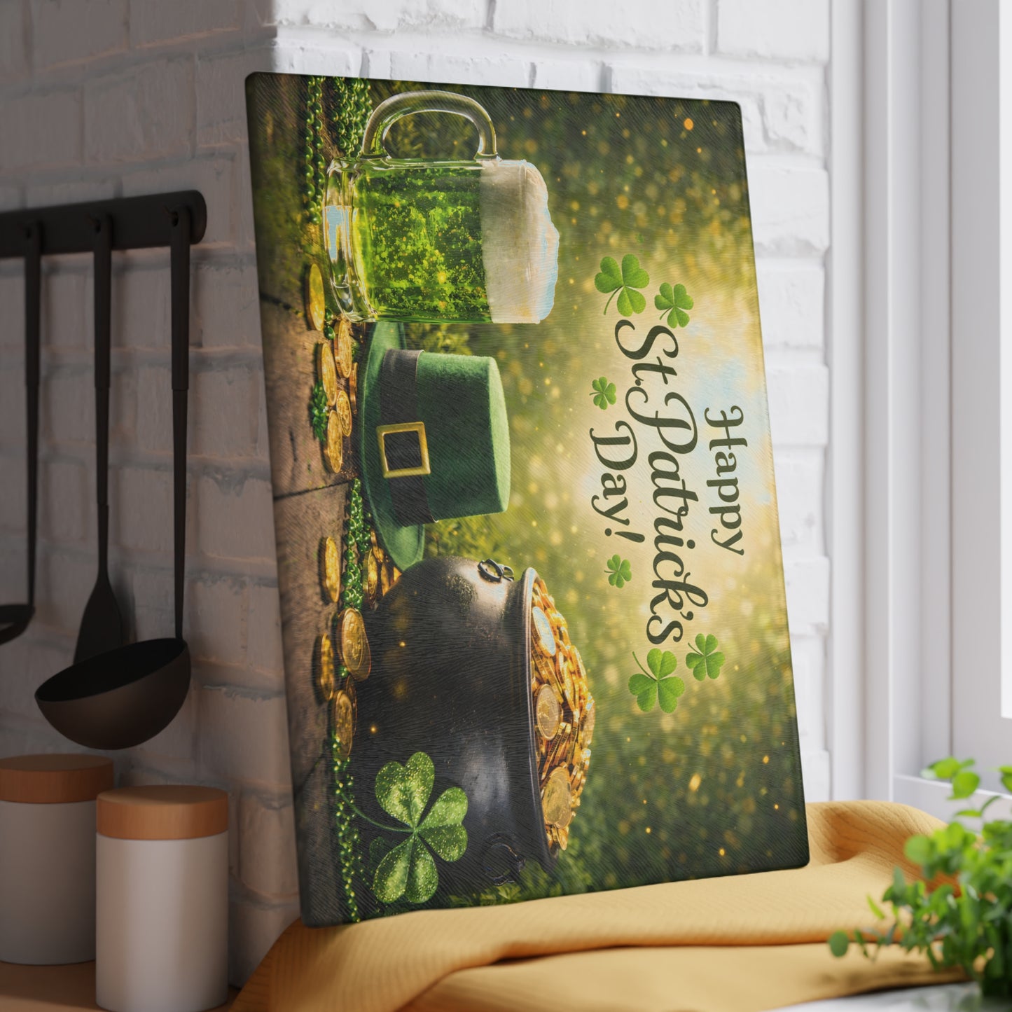 Happy St. Patrick’s Day Glass Cutting Board – Festive Irish Kitchen Decor