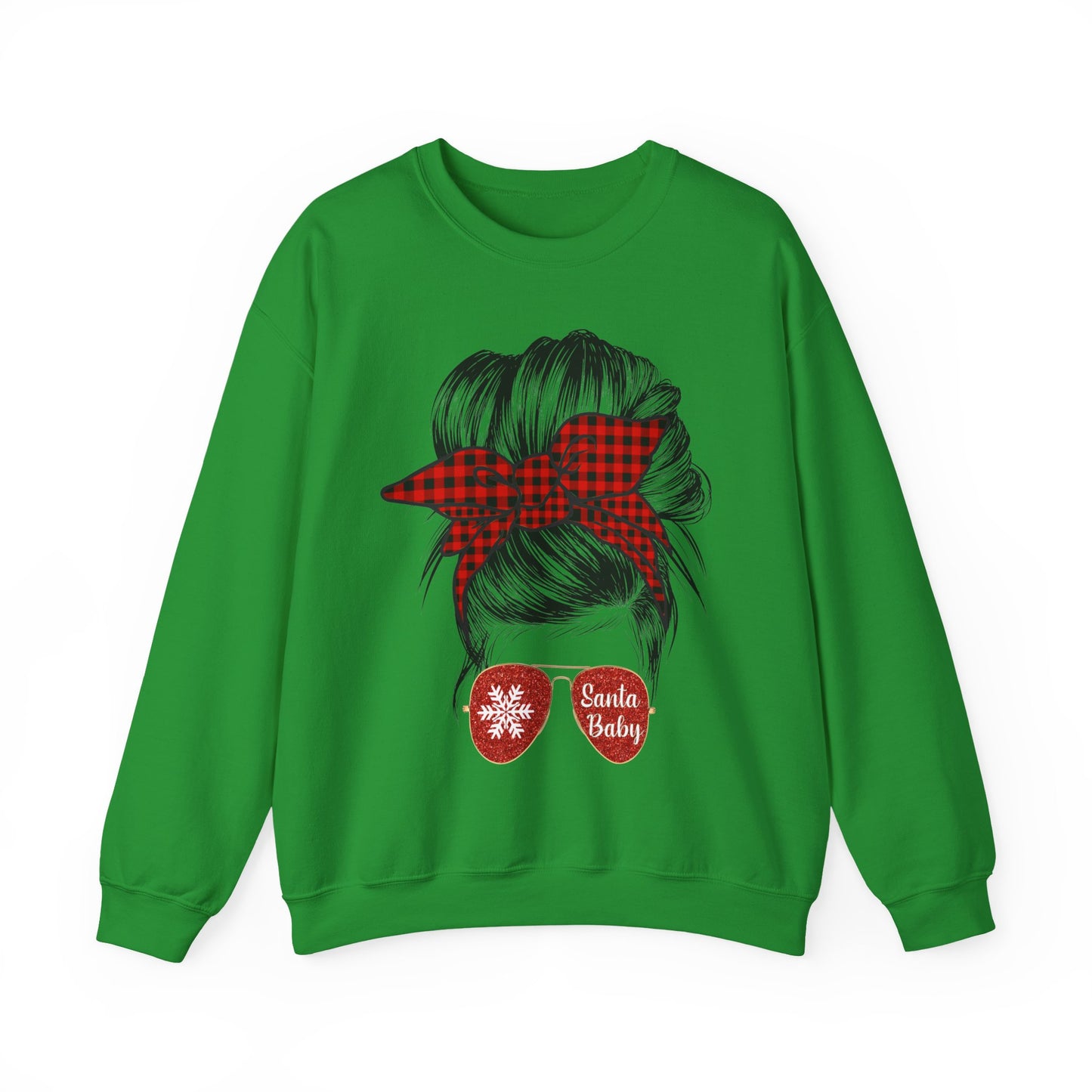 🎅✨ Santa Baby Buffalo Plaid Hair Bun Sweatshirt – Festive Holiday Vibes ❤️🖤