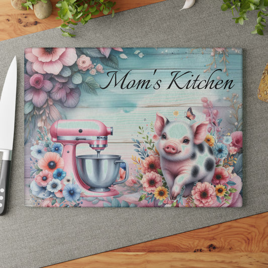 Tabla de cortar de cerdo, tabla de cortar personalizada, decoración con nombre personalizado, cocina de mamá, decoración de granja, tabla de cortar de vidrio, regalo para amantes de los cerdos,