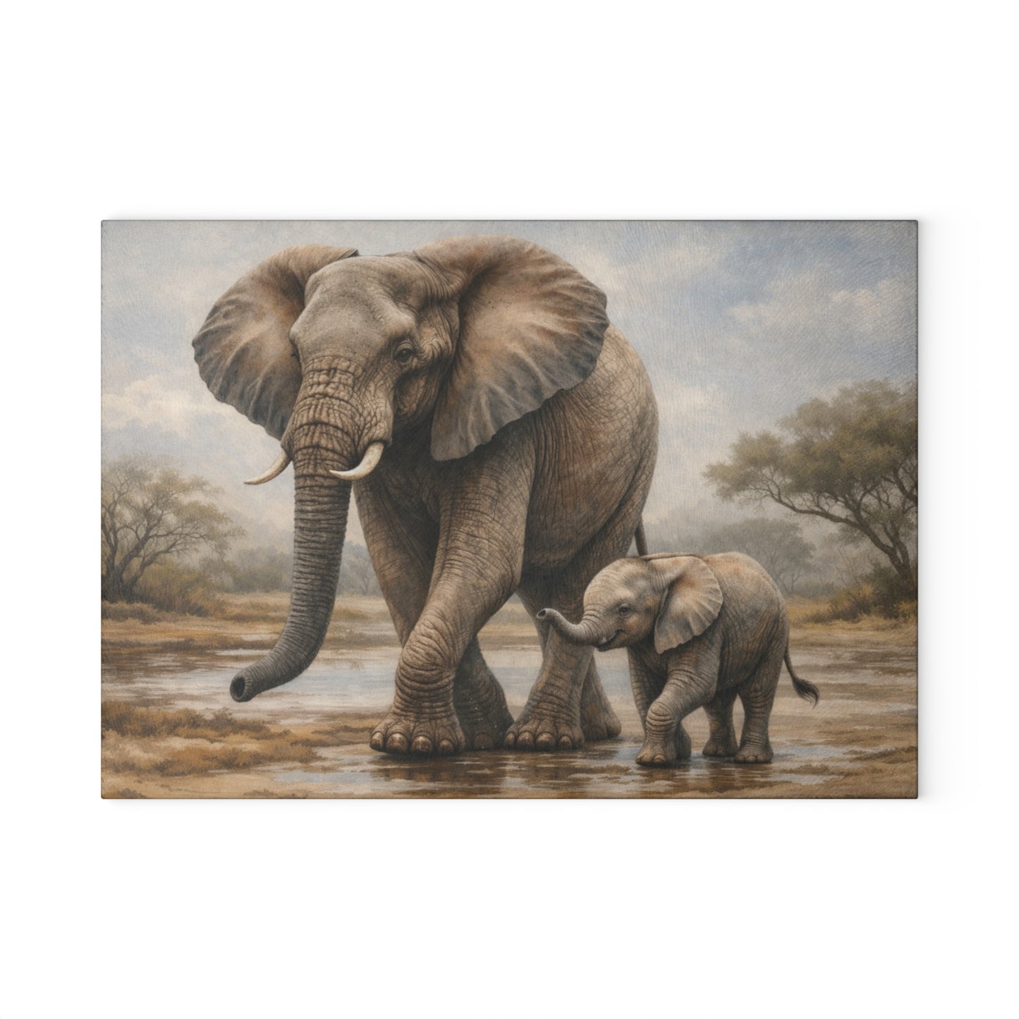 Mother and Baby Elephant Glass Cutting Board – Gentle Safari Wildlife Kitchen Art
