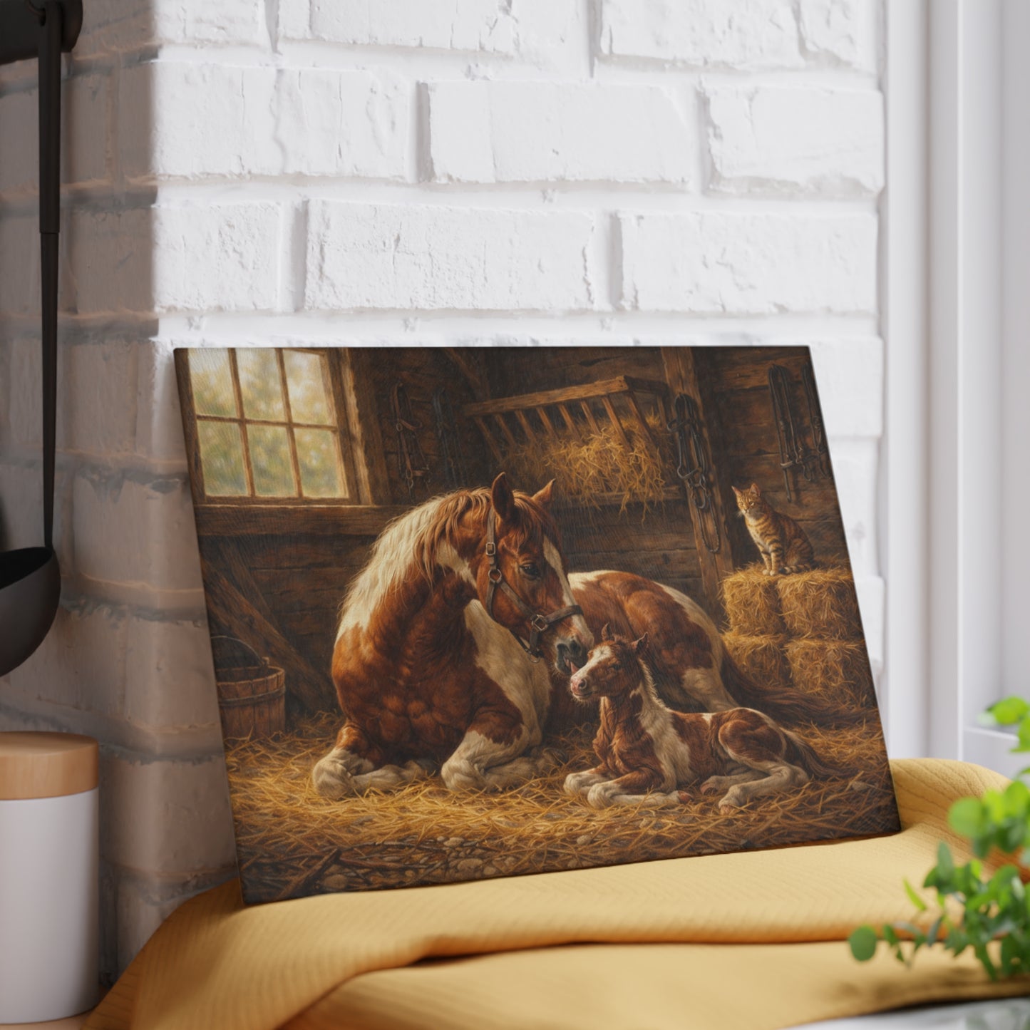 Mother Horse and Foal Barn Scene Glass Cutting Board – Rustic Farmhouse Kitchen Decor with Country Stable Artwork