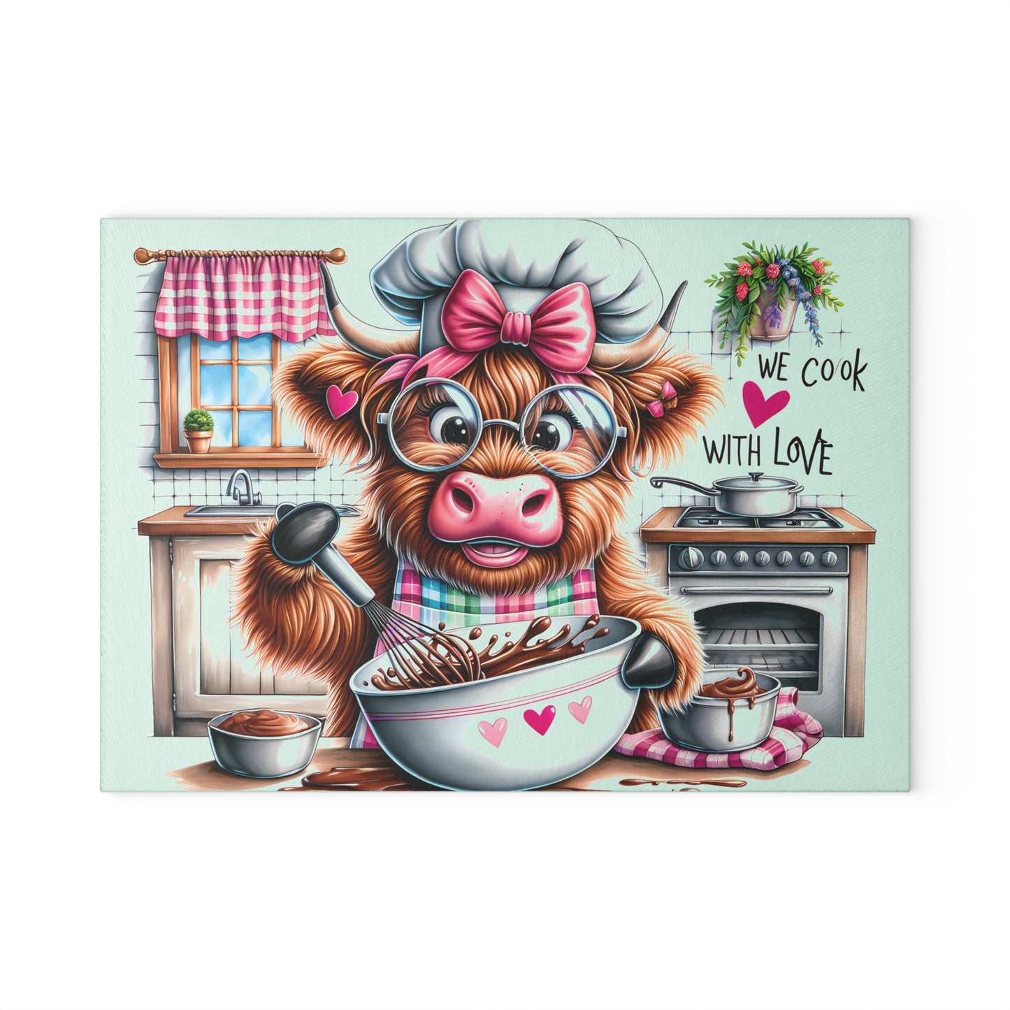 🐮 Sweet Highland Cow Baking Cutting Board – "We Cook With Love" Kitchen Whimsy