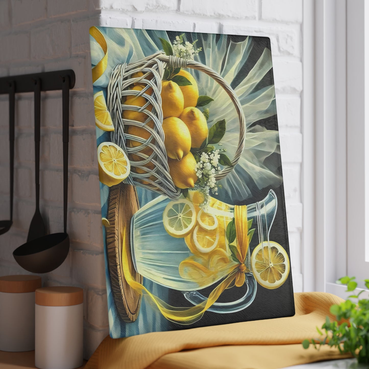 Tabla de cortar de limón, decoración de cocina cítrica, estilo rústico de granja, tabla de cortar de vidrio, decoración de cocina de verano, diseño de limón fresco, idea de regalo