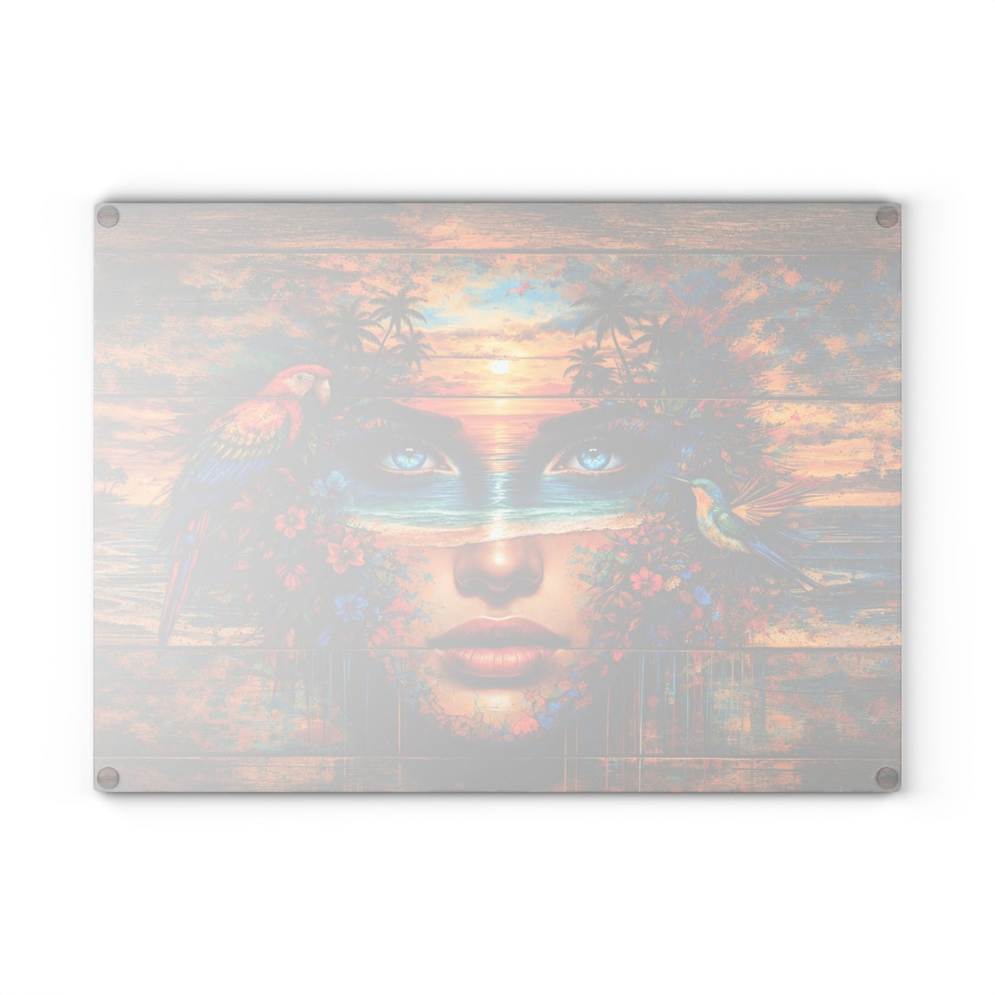 Surreal Coastal Muse Glass Cutting Board – Stained-Glass-Inspired Tropical Art Kitchen Decor