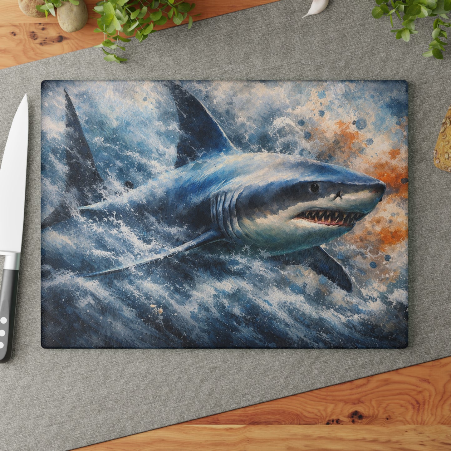 Power of the Tide Glass Cutting Board – Dynamic Great White Shark Artwork