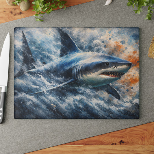 Power of the Tide Glass Cutting Board – Dynamic Great White Shark Artwork