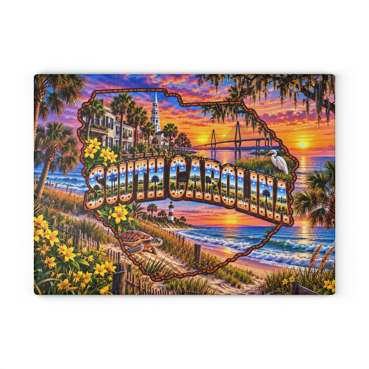 South Carolina Glass Cutting Board – Charleston Waterfront, Ravenel Bridge, Sea Turtle, Lighthouse & Coastal Sunset Kitchen Décor