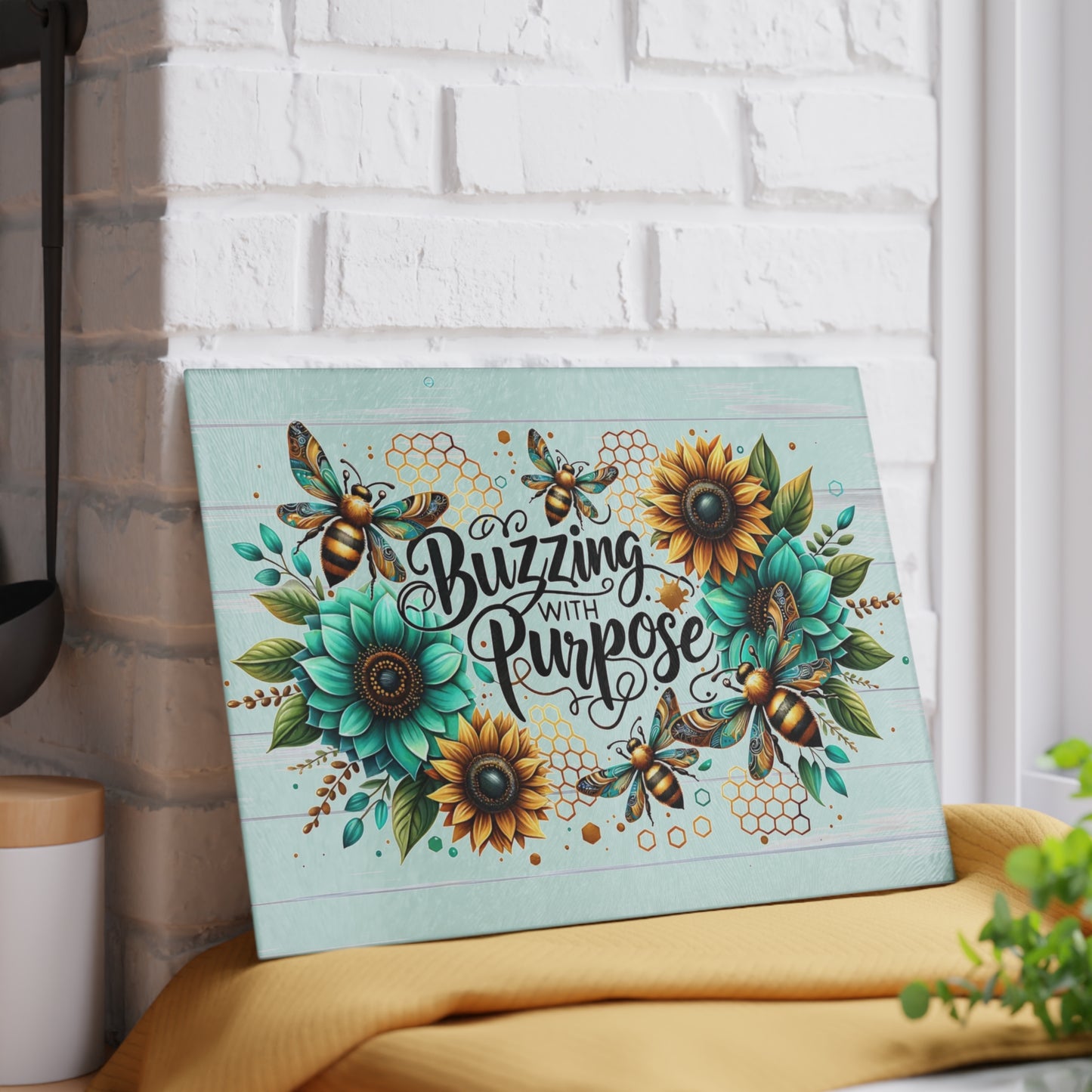 Buzzing with Purpose Glass Cutting Board – Uplifting Floral Bee Design for Your Kitchen