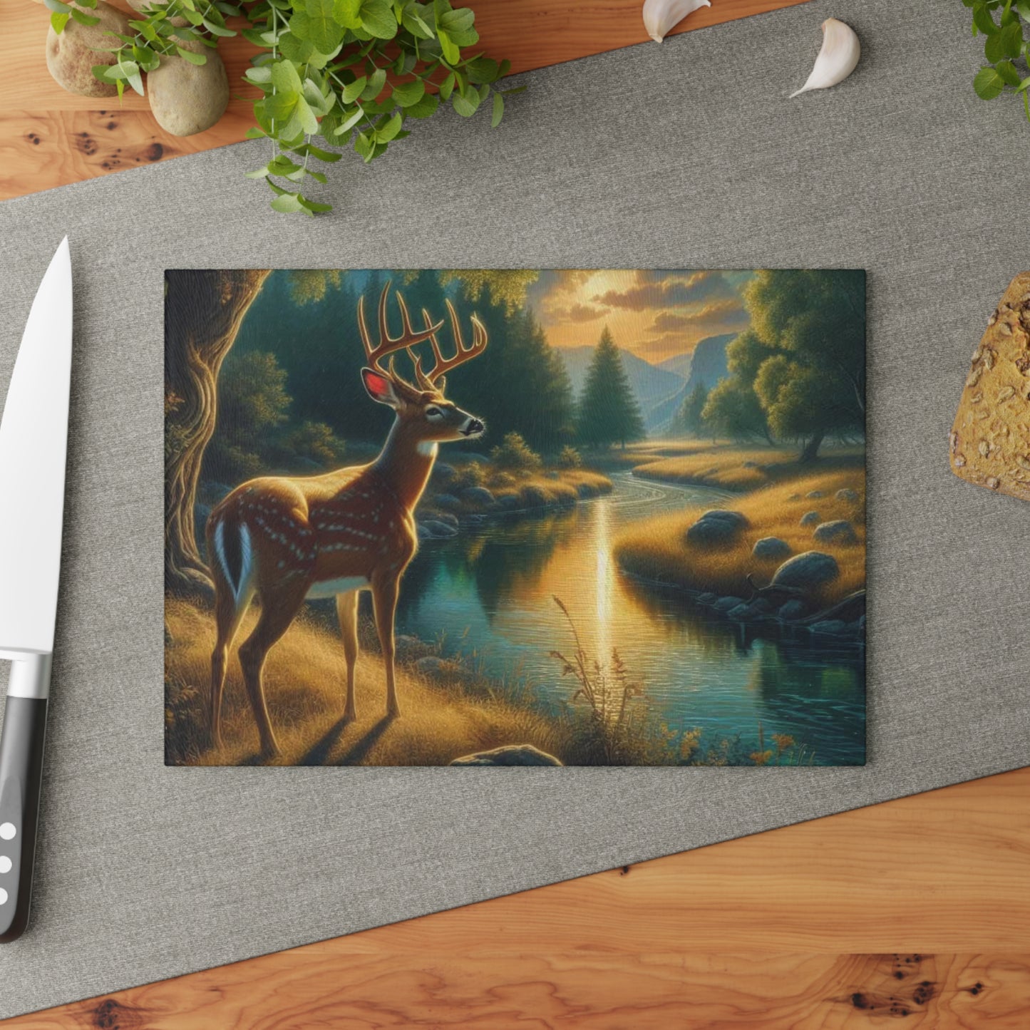 🦌🌅 Golden River Deer Cutting Board – Peaceful Nature Landscape Art 🌅🦌