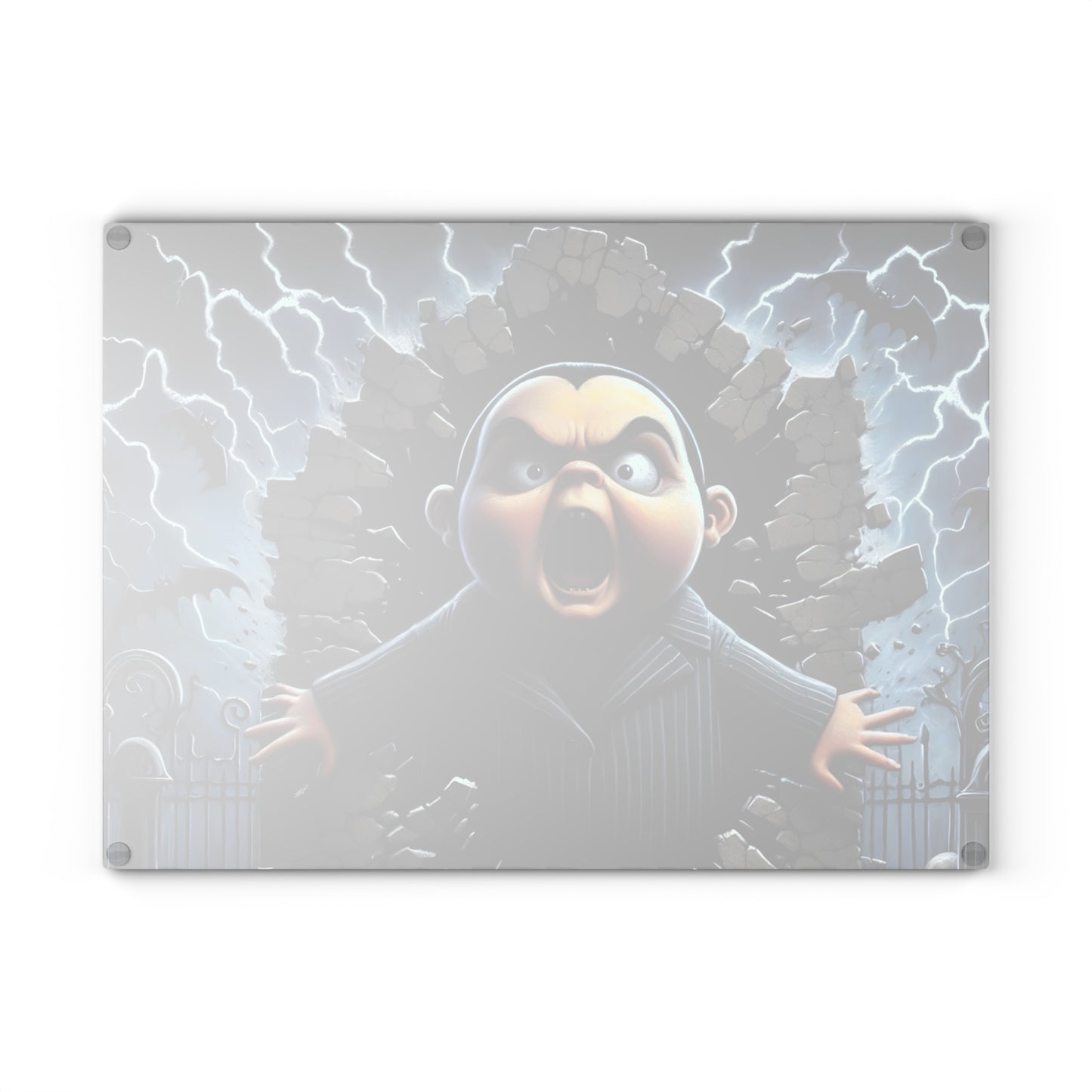 🦇 Screaming Darkling Cutting Board – Gothic Cartoon Chaos with Bats, Lightning & Broken Walls ⚡🍽️