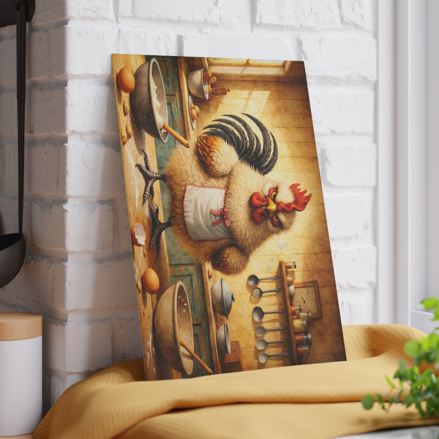 Feisty Farmhouse Chicken Glass Cutting Board – Rustic Kitchen Art with Attitude