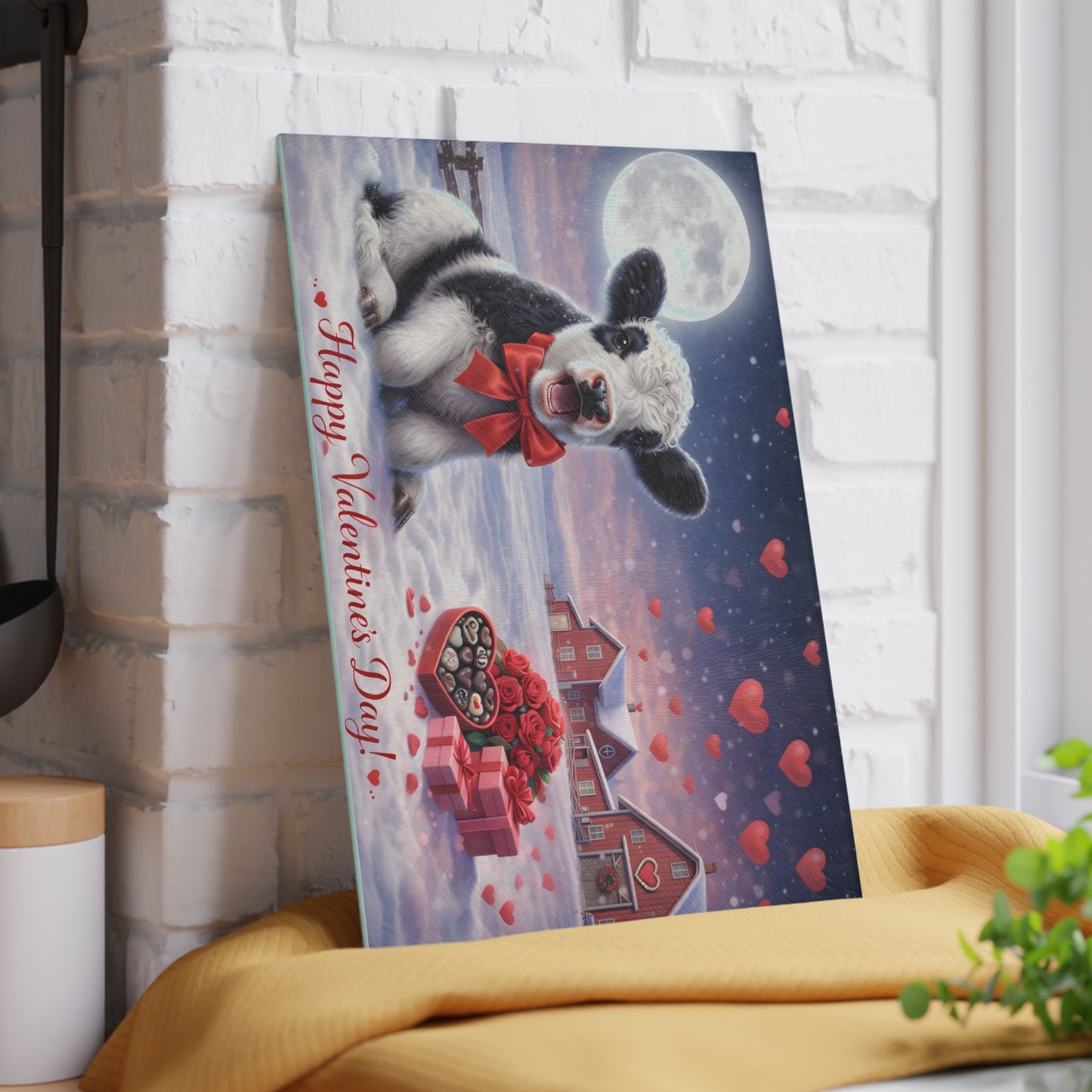 Valentine Calf Moonlight Farm Glass Cutting Board – Cozy Winter Farm Love Scene Kitchen Accent