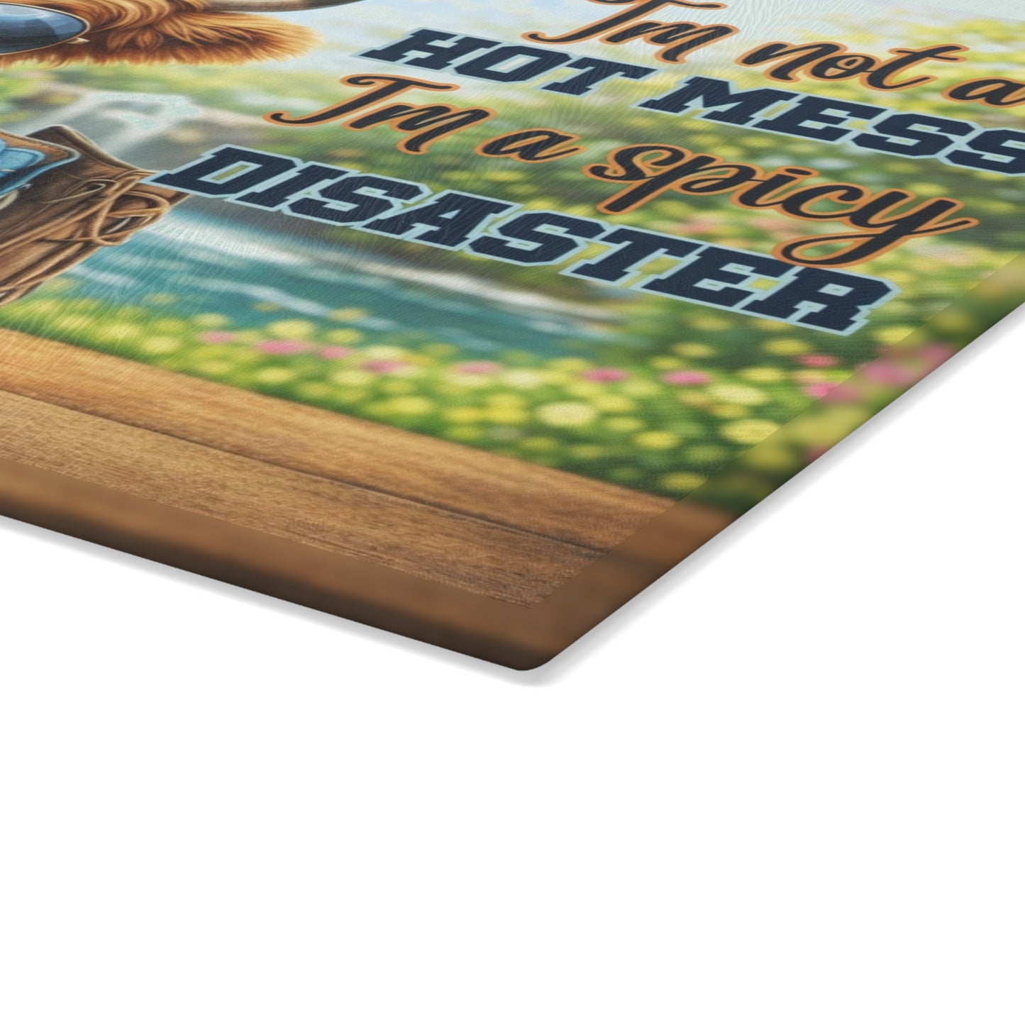 I’m Not a Hot Mess, I’m a Spicy Disaster Glass Cutting Board – Sassy Highland Cow Kitchen Artwork