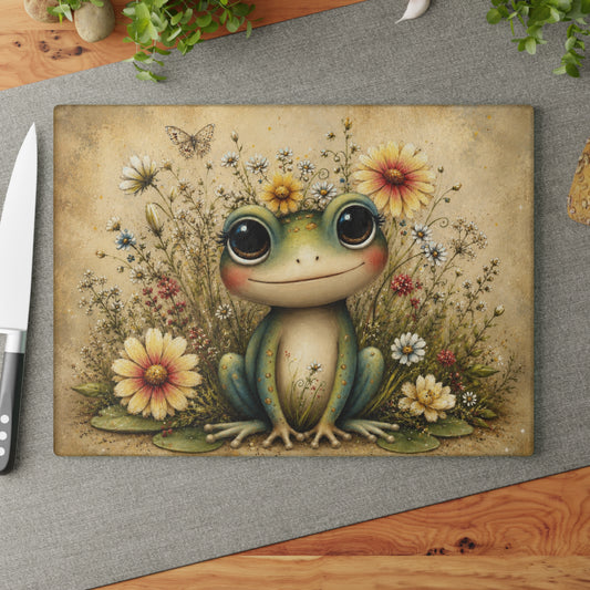 Whimsical Frog Glass Cutting Board – Cottagecore Garden Kitchen Decor