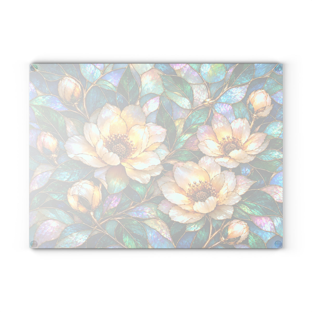 Stained-Glass-Inspired Ivory Magnolia Cutting Board – Golden Cream Blossoms, Iridescent Teal Leaves & Elegant Botanical Kitchen Décor